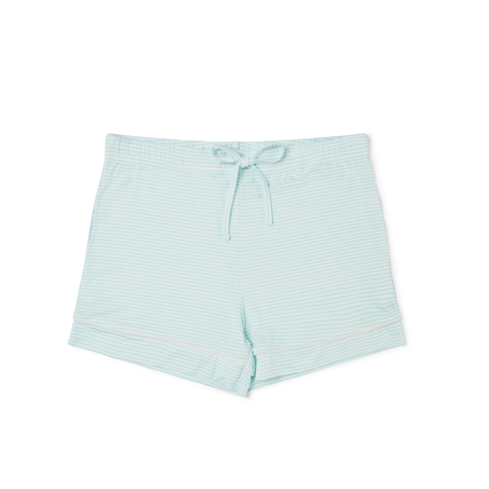 Flat lay light blue Cloud Stripe bamboo women's pajama shorts with drawstring waistband