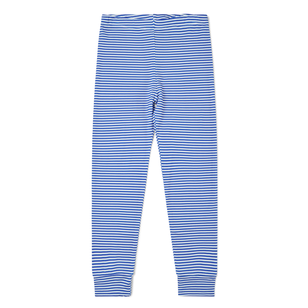 Flat lay of Motette cobalt stripe dark blue and white bamboo toddler pajama pants with elastic waistband