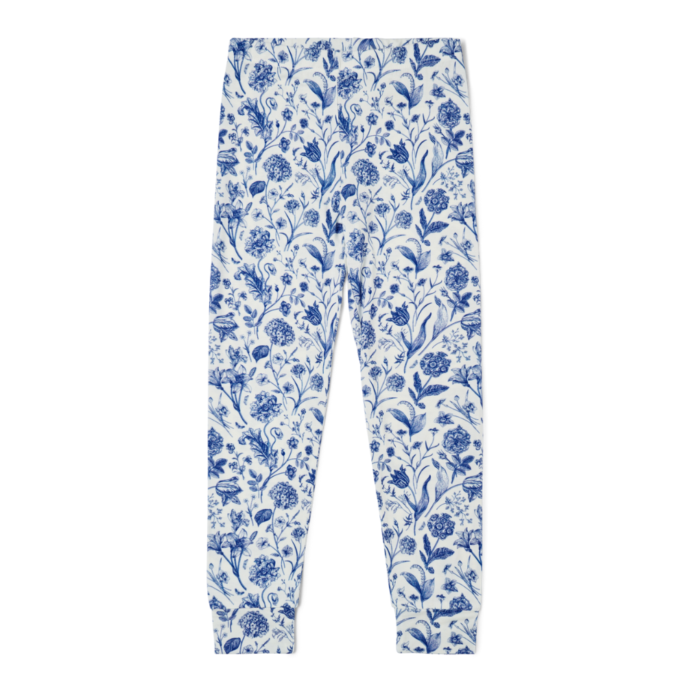 Flat lay of Motette Porcelain Vine blue and white floral bamboo toddler pajama pants with elastic waist