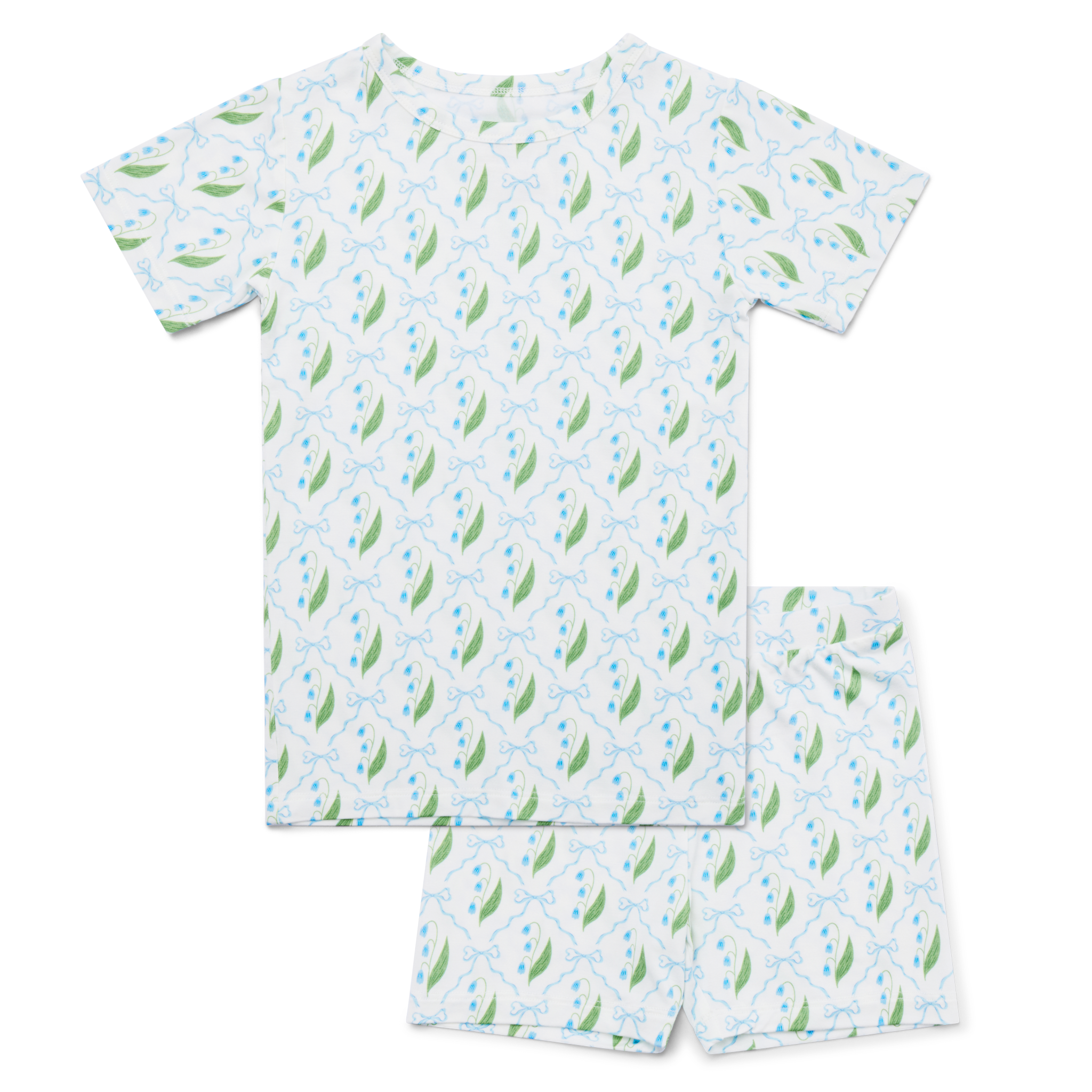 Flat lay image of the Bluebell Bows Short Sleeve & Shorts Bamboo Toddler Pajama Set from Motette