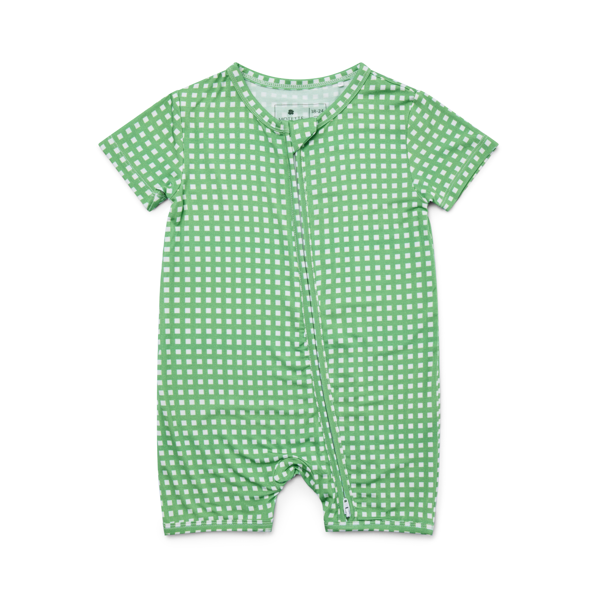 Flat lay of the Garden Gingham Short Sleeve & Shorts Bamboo Sleeper by Motette