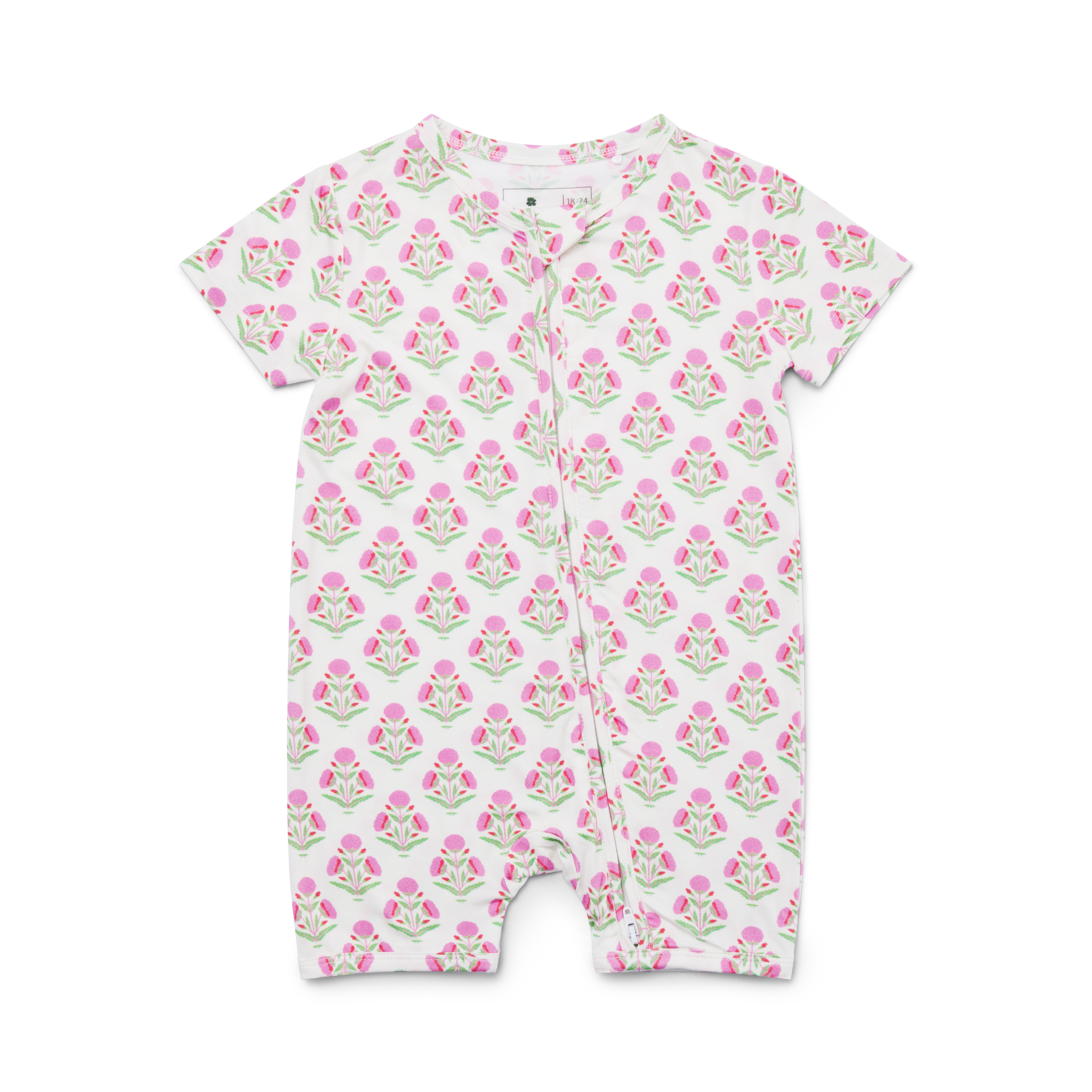 Flat lay of the Pink Posy Short Sleeve & Shorts Bamboo Sleeper from Motette