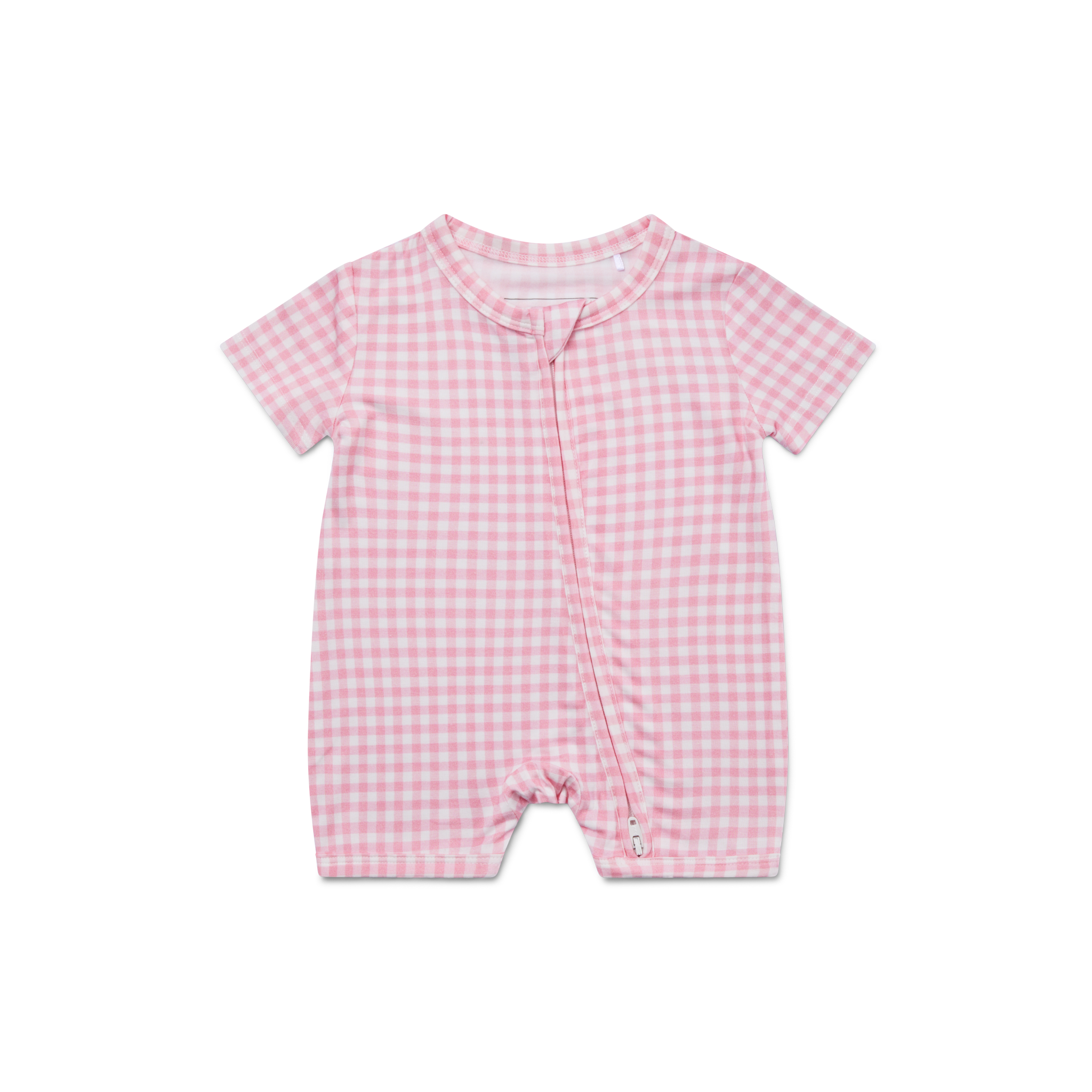 Top ranked Motette pink gingham bamboo baby sleeper with short sleeves and zipper front