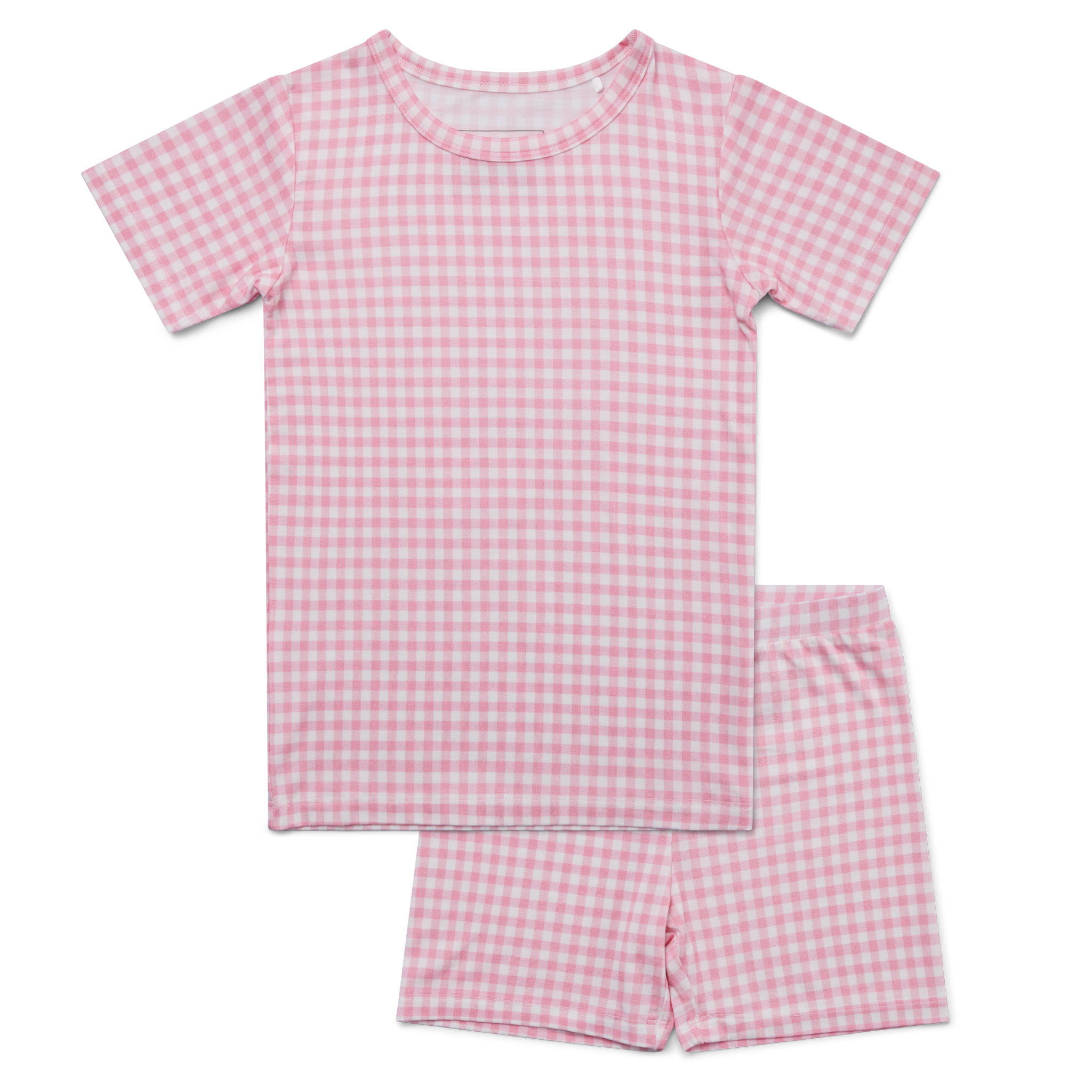 Flat lay of the Sugar Gingham Short Sleeve & Shorts Bamboo Toddler Pajama Set from Motette
