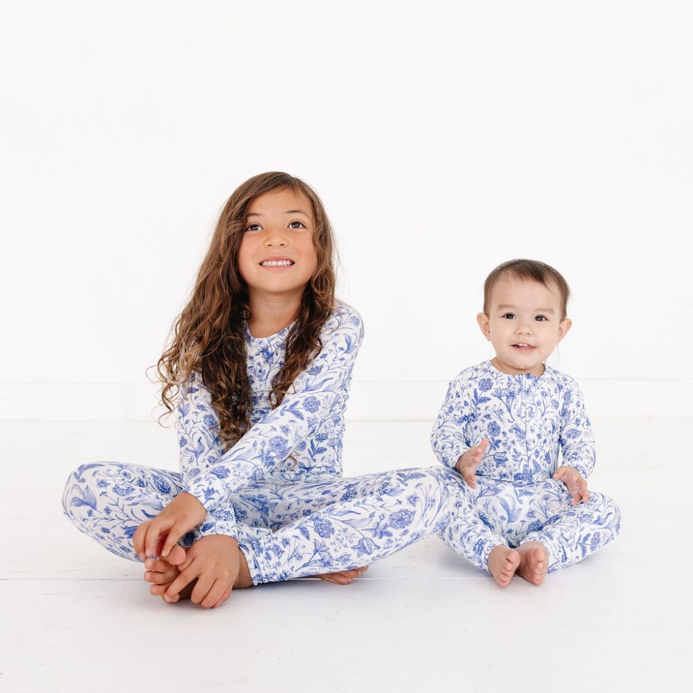 Toddler and baby sitting together – Porcelain Vine – coordinated sibling sets, eczema friendly bamboo pajamas by Motette