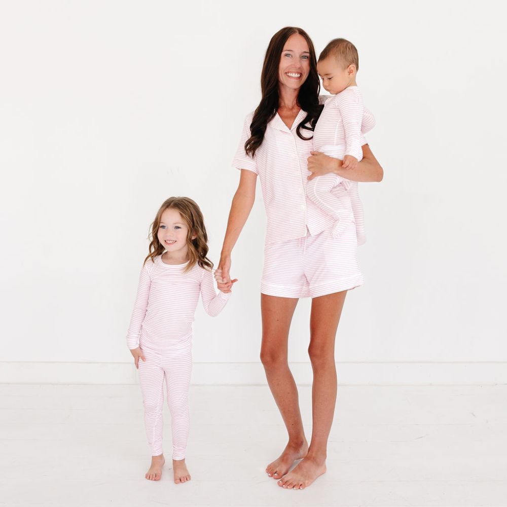 Mommy with toddler and girl in matching Ballet Stripe bamboo pajamas – eczema friendly and coordinated sibling styles by Motette