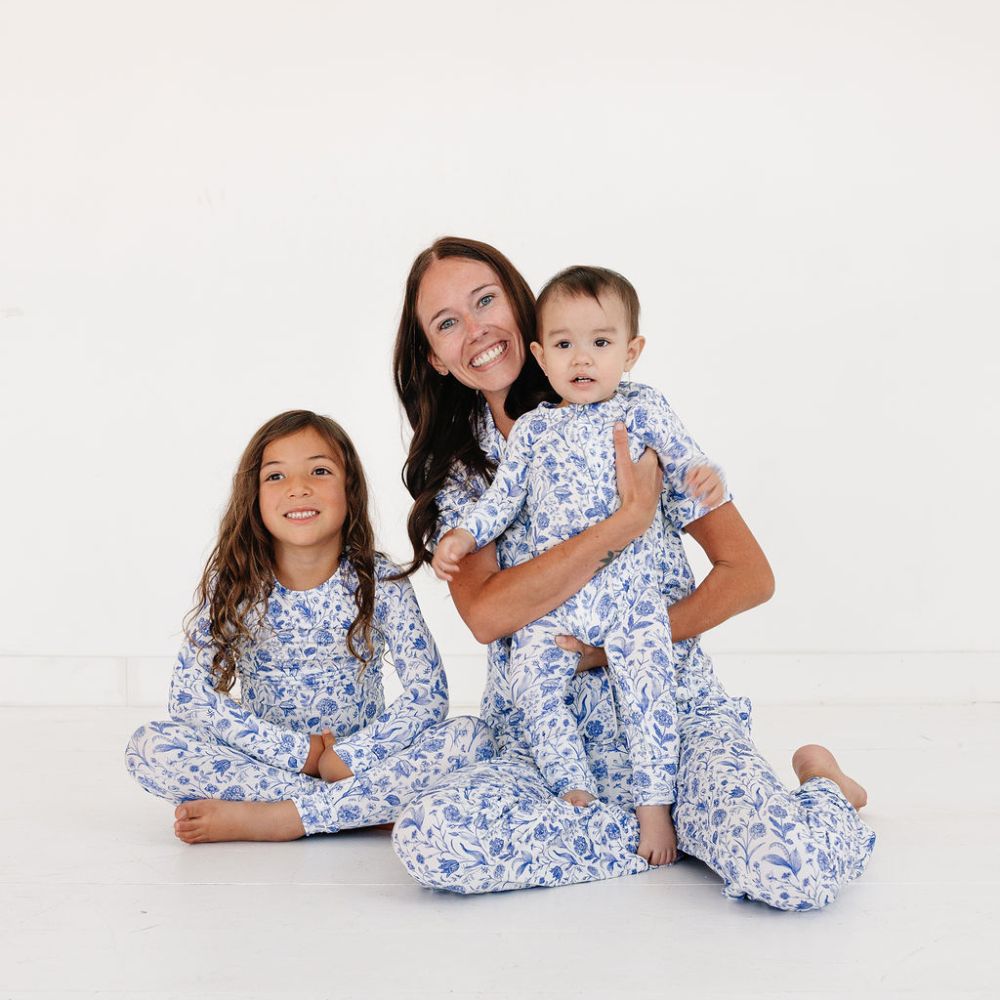 Mommy and kids in matching porcelain vine bamboo pajama sets – coordinated sibling styles and eczema friendly by Motette