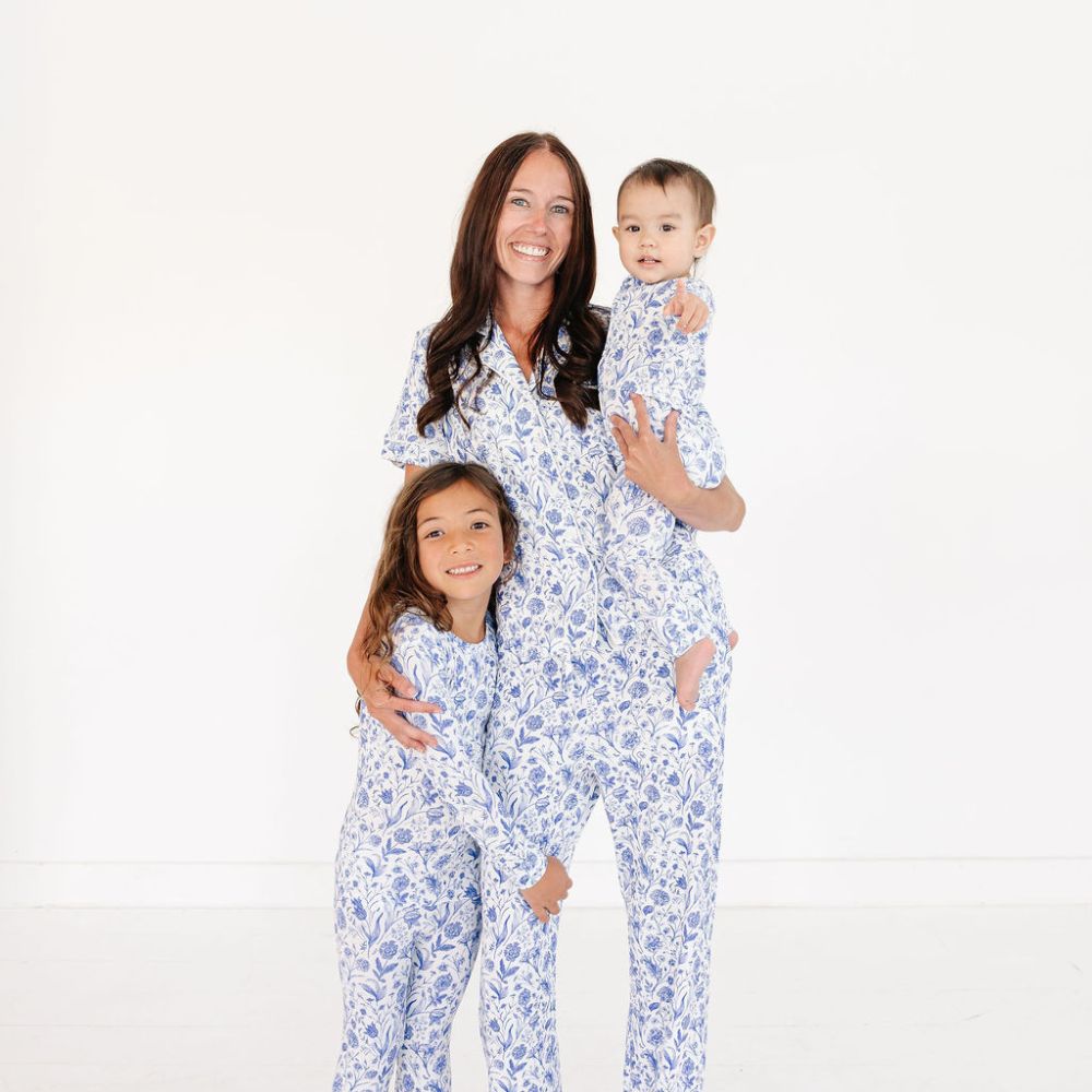 Mom and two children standing – Porcelain Vine – mommy and me matching styles, top-ranked bamboo pajamas by Motette