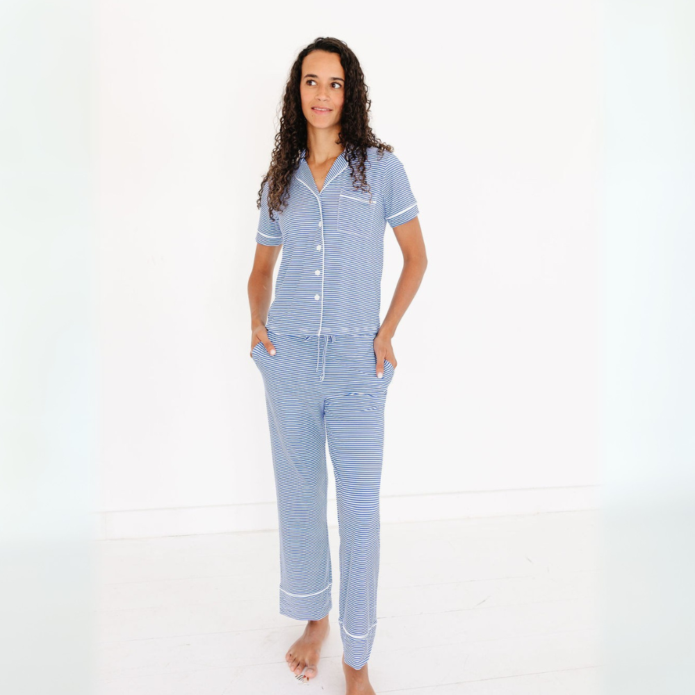 Mommy standing in cobalt stripe bamboo pajama set – top-ranked sleepwear by Motette, eczema friendly