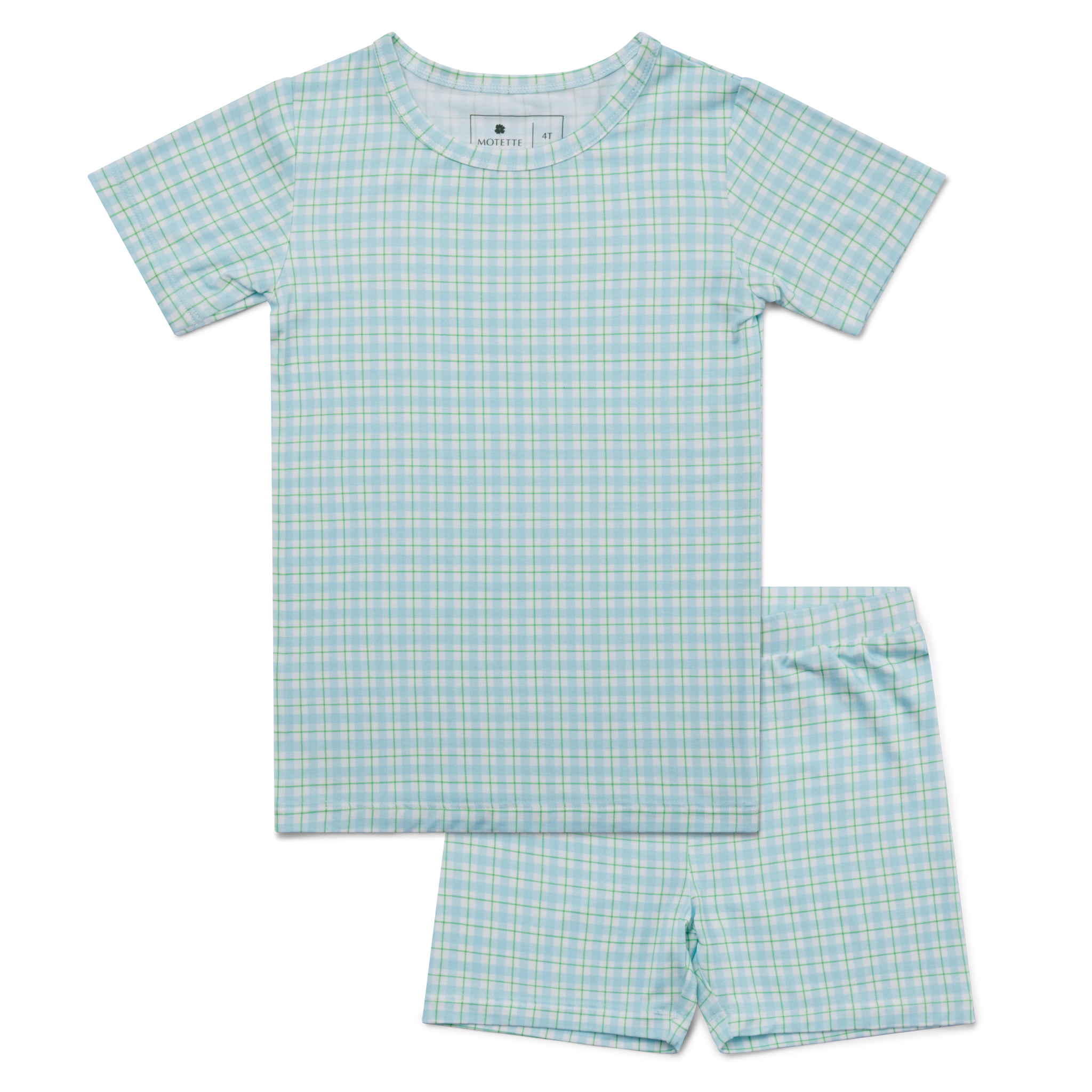 Top ranked Motette blue and green gingham bamboo pajama set with short sleeves and short