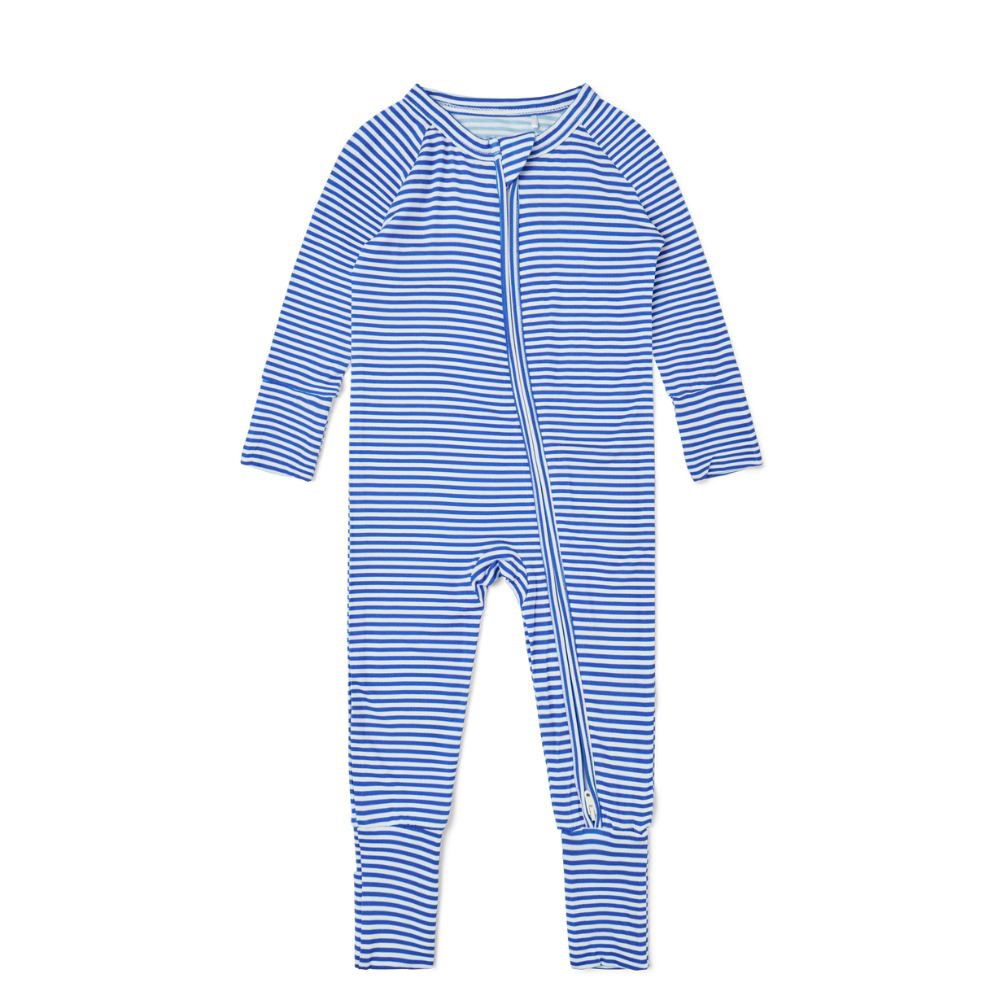 Flat lay of Motette cobalt stripe long sleeve bamboo baby sleeper with zipper