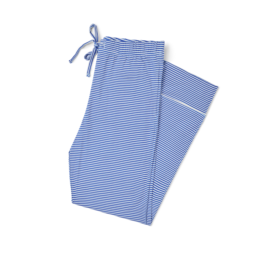 Flat lay of Motette cobalt stripe women’s bamboo pajama pants with drawstring waist