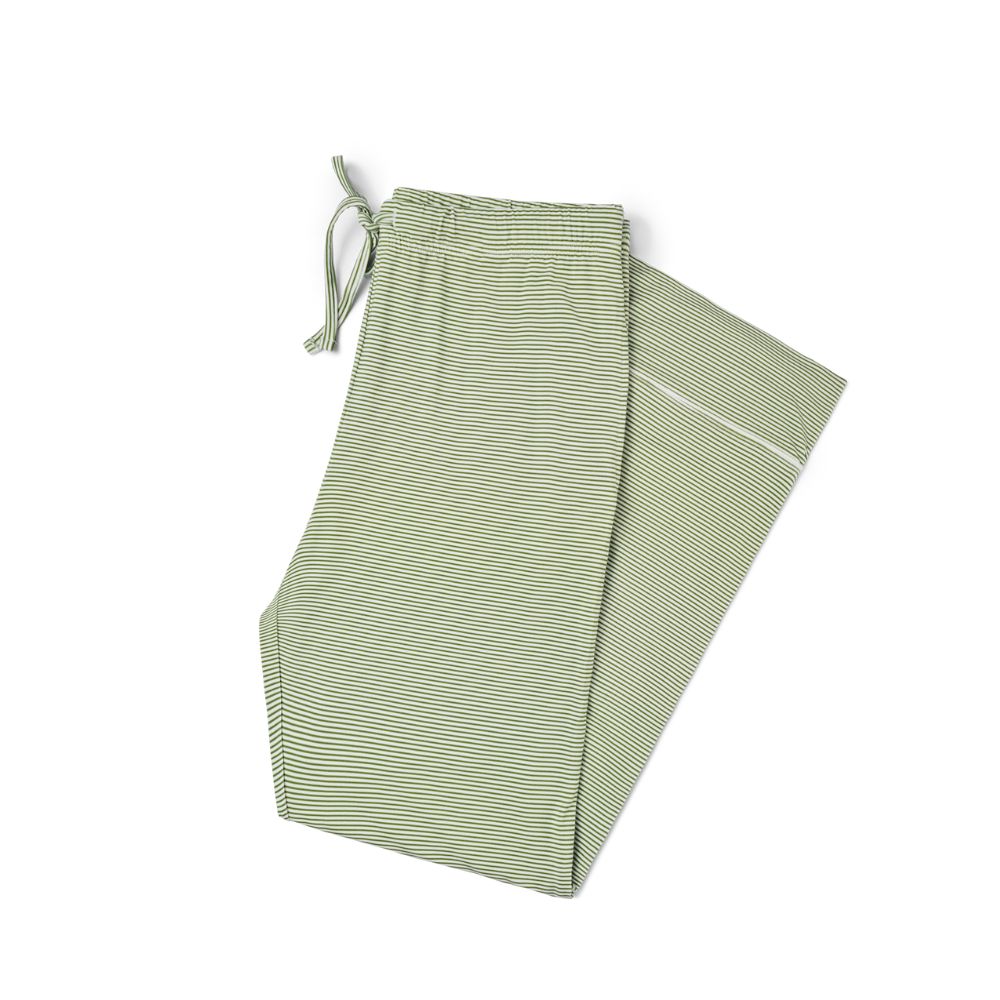 Motette Evergreen Stripe Bamboo Women's Pajama Pants laid flat, featuring a soft green and white striped pattern with an adjustable drawstring waistband and relaxed fit.