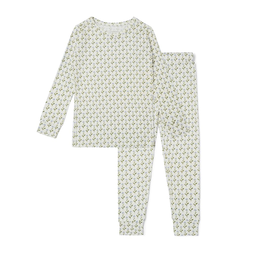 Motette Lavender Lane Bamboo Kids Pajama Set flat lay showing long sleeve top and matching pants