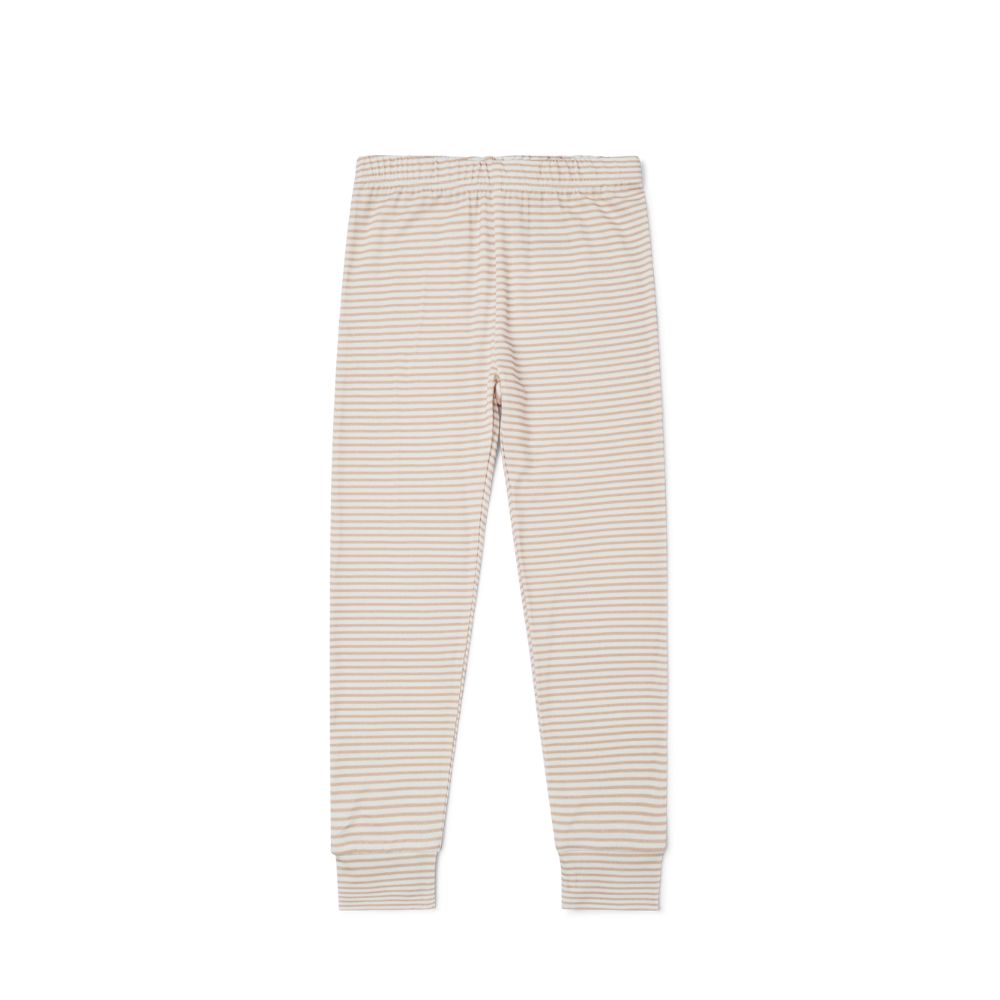 Motette Oatmeal Stripe Bamboo Kids Pajama Set flat lay showing pants in beige stripe pattern.