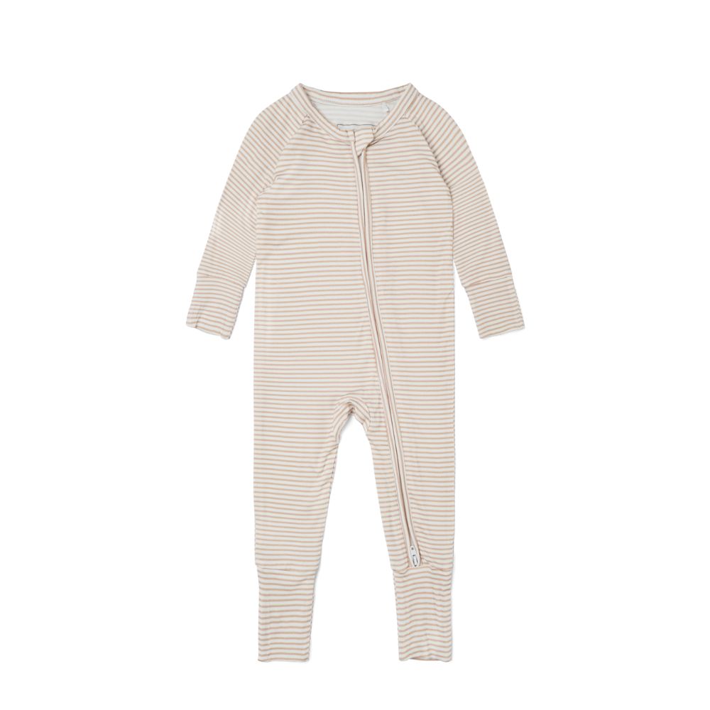 Oatmeal Stripe Bamboo Sleeper flat lay showing full-length zipper.