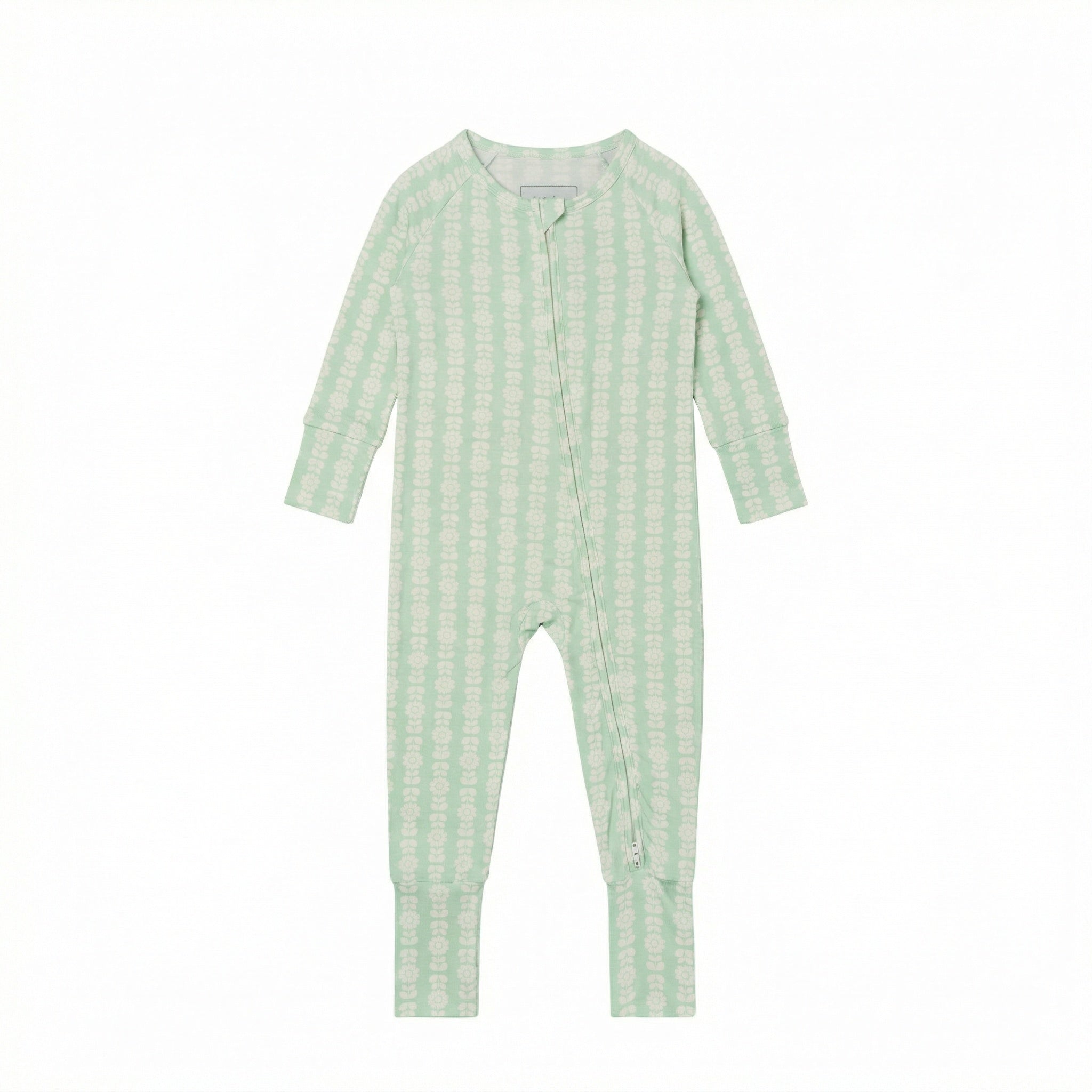 Top ranked Motette green floral bamboo baby sleeper with long sleeves and zipper front