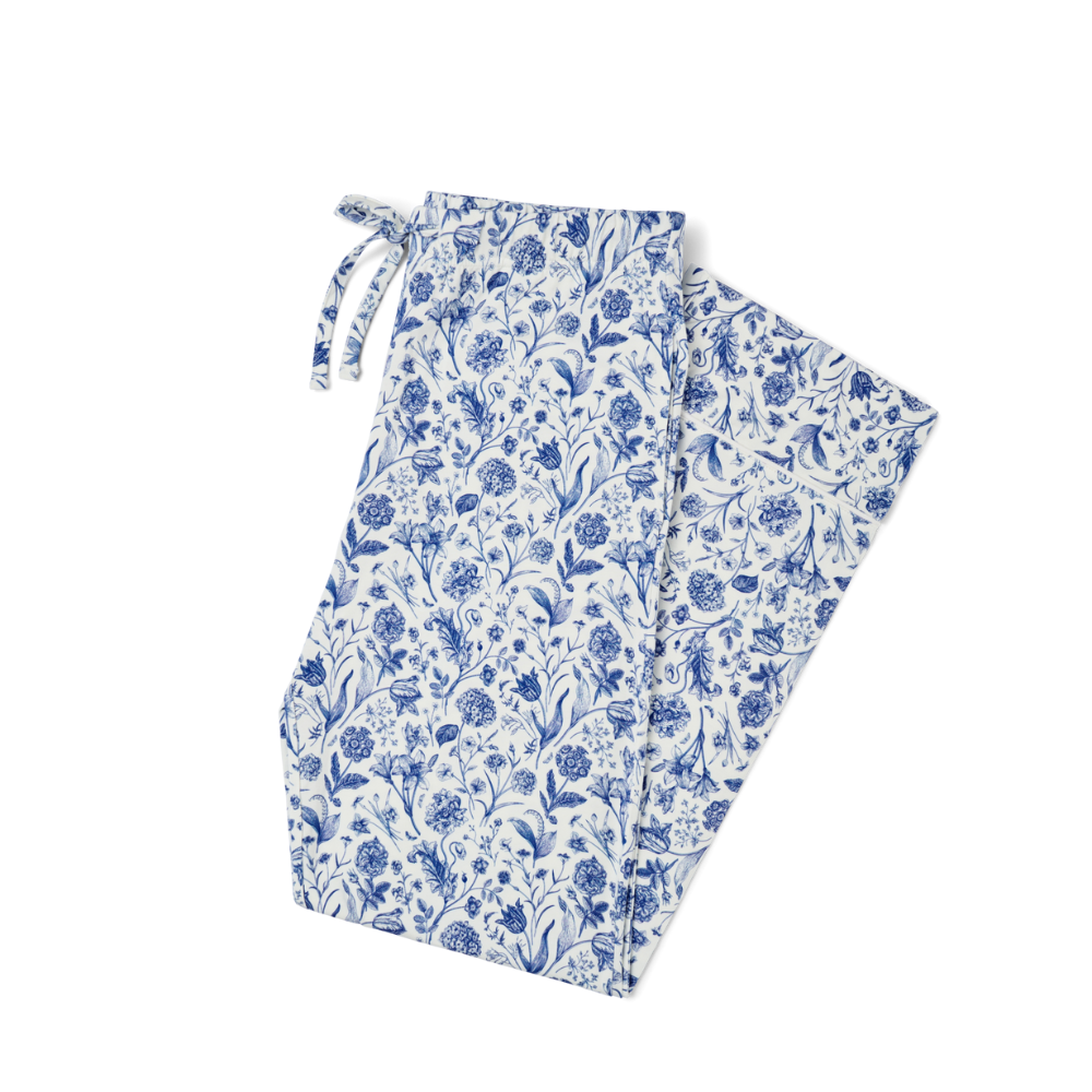 Flat lay of Motette Porcelain Vine bamboo pajama pants with drawstring waist