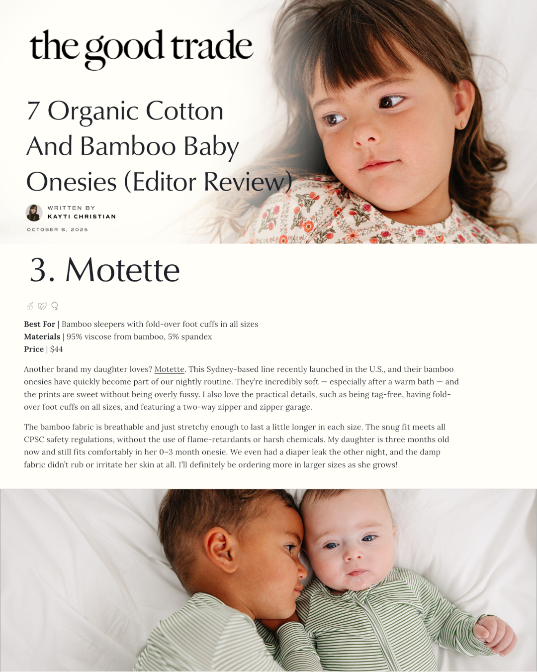 Motette Featured in The Good Trade’s Baby Onesie Editor Guide