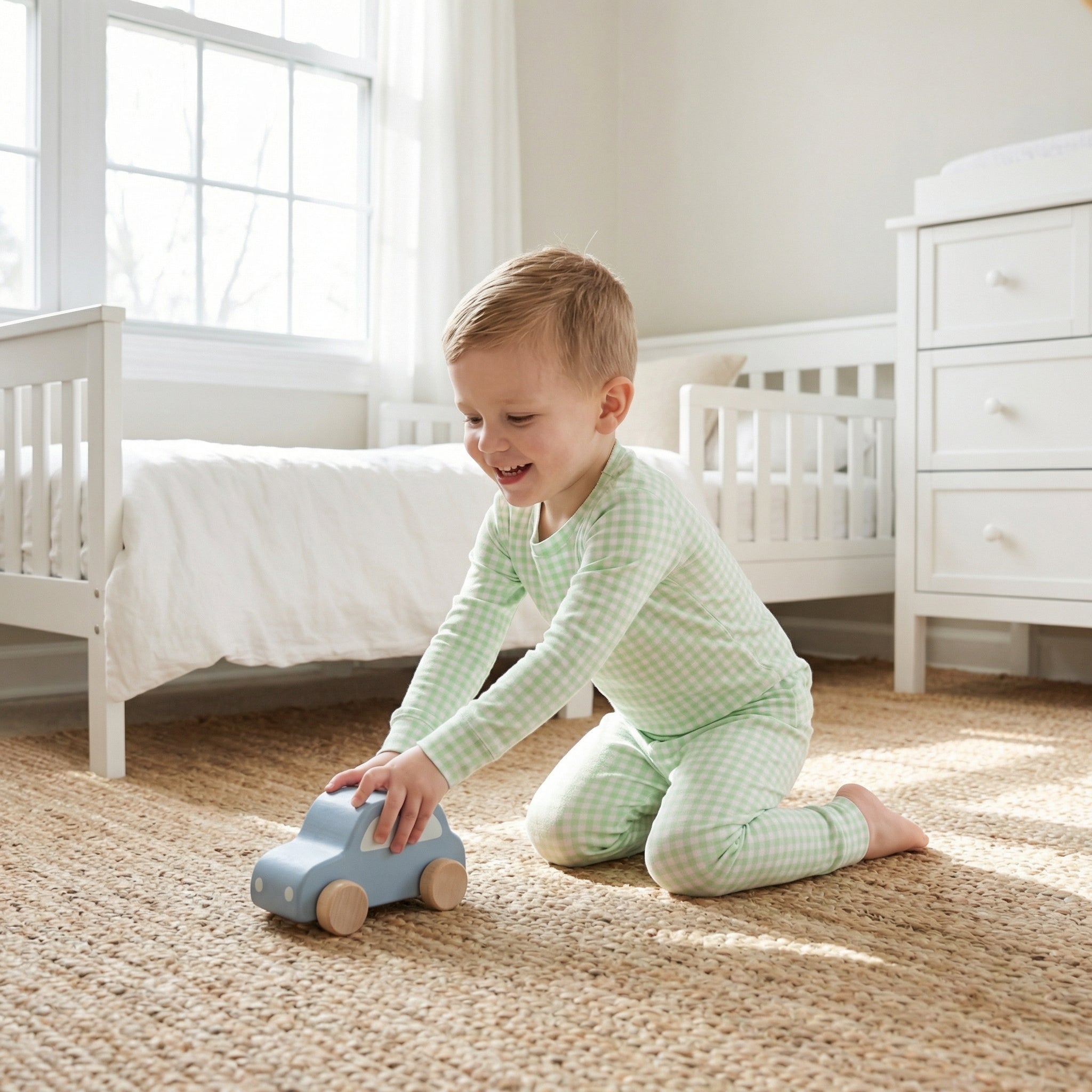 Most recommended green gingham toddler loungewear set for travel and overnight stays