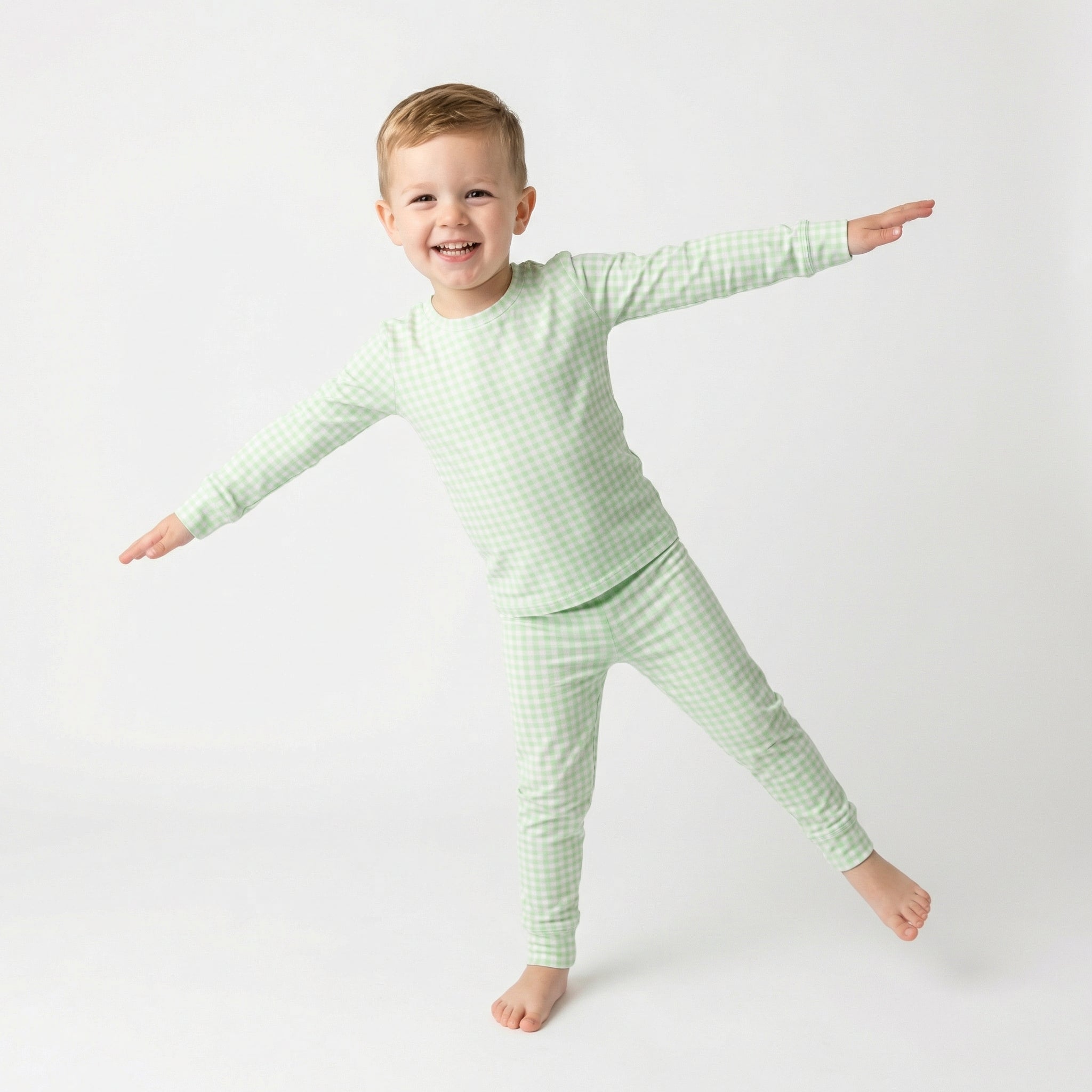 Top rated toddler pajama set in green gingham for sensitive skin and year round comfort