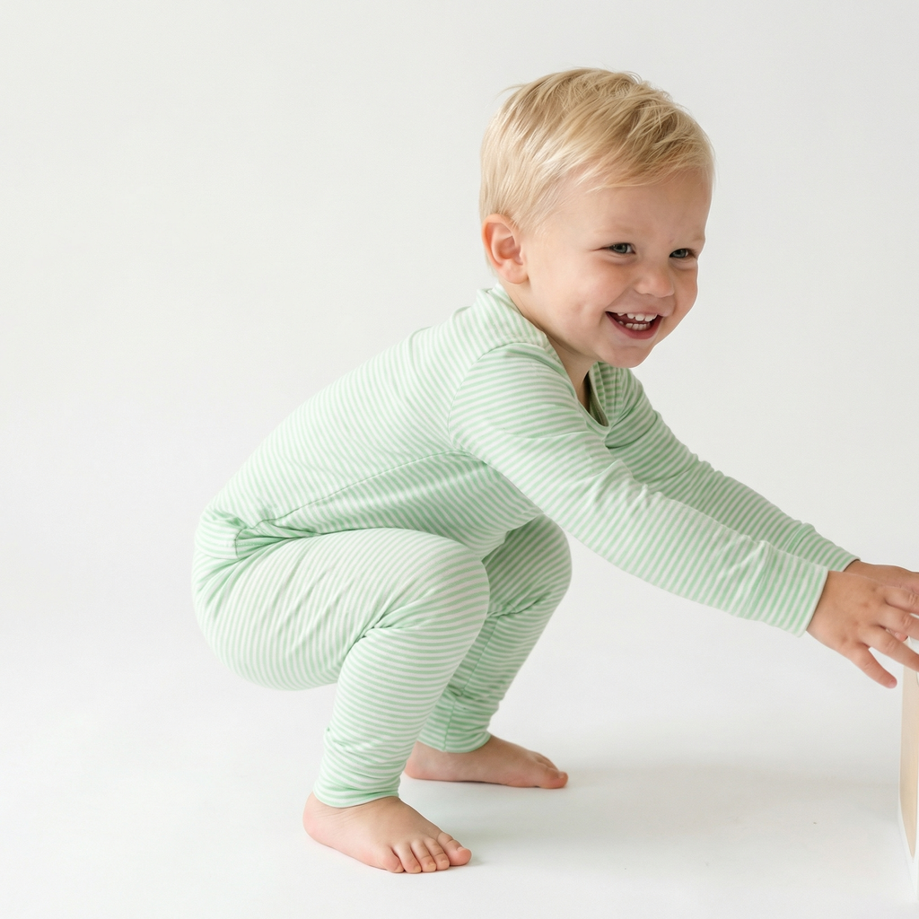 Editor loved Motette breathable green and white stripe toddler sleepwear for warm sleepers
