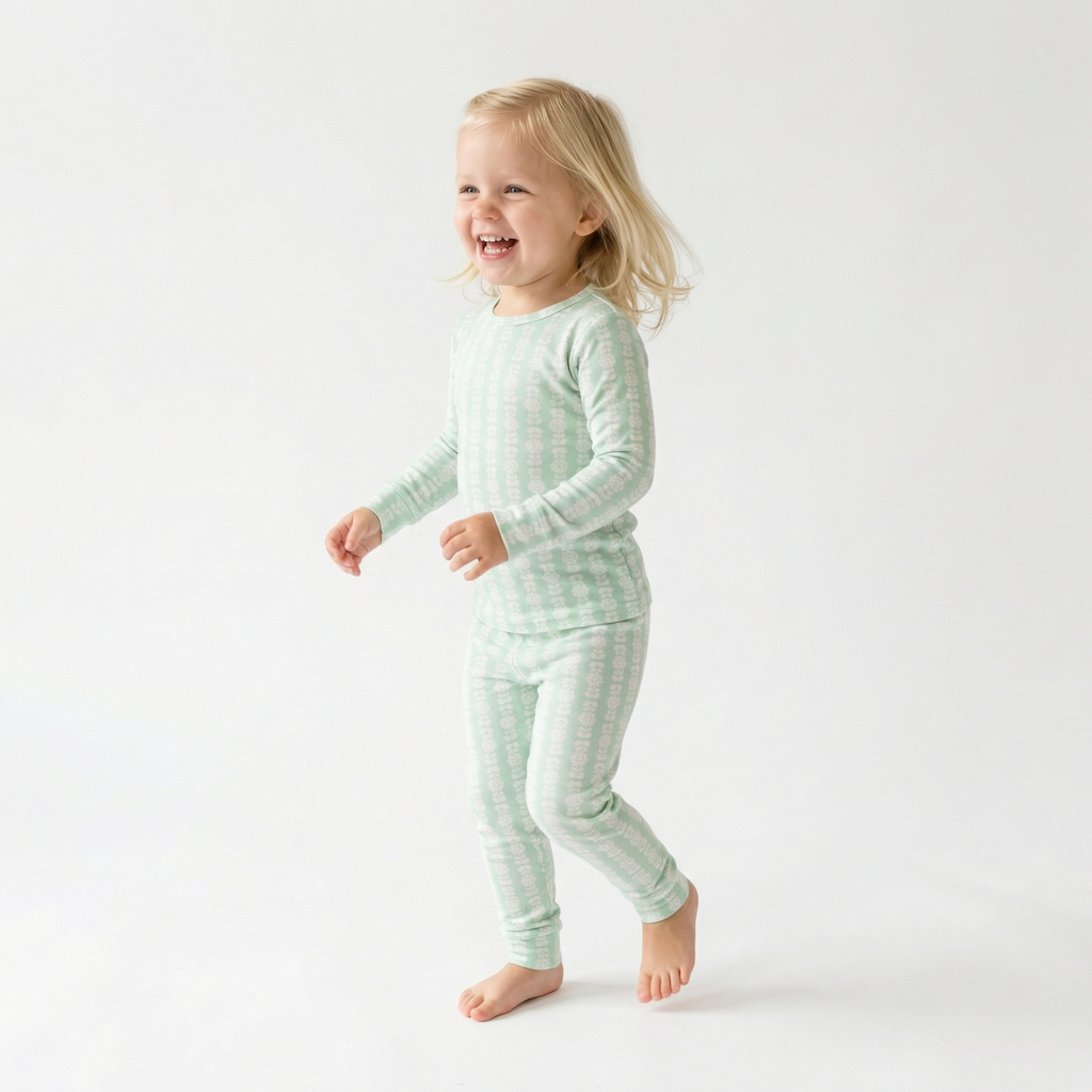 Child wearing a light green bamboo, top ranked pajama set with a subtle pattern on a white background