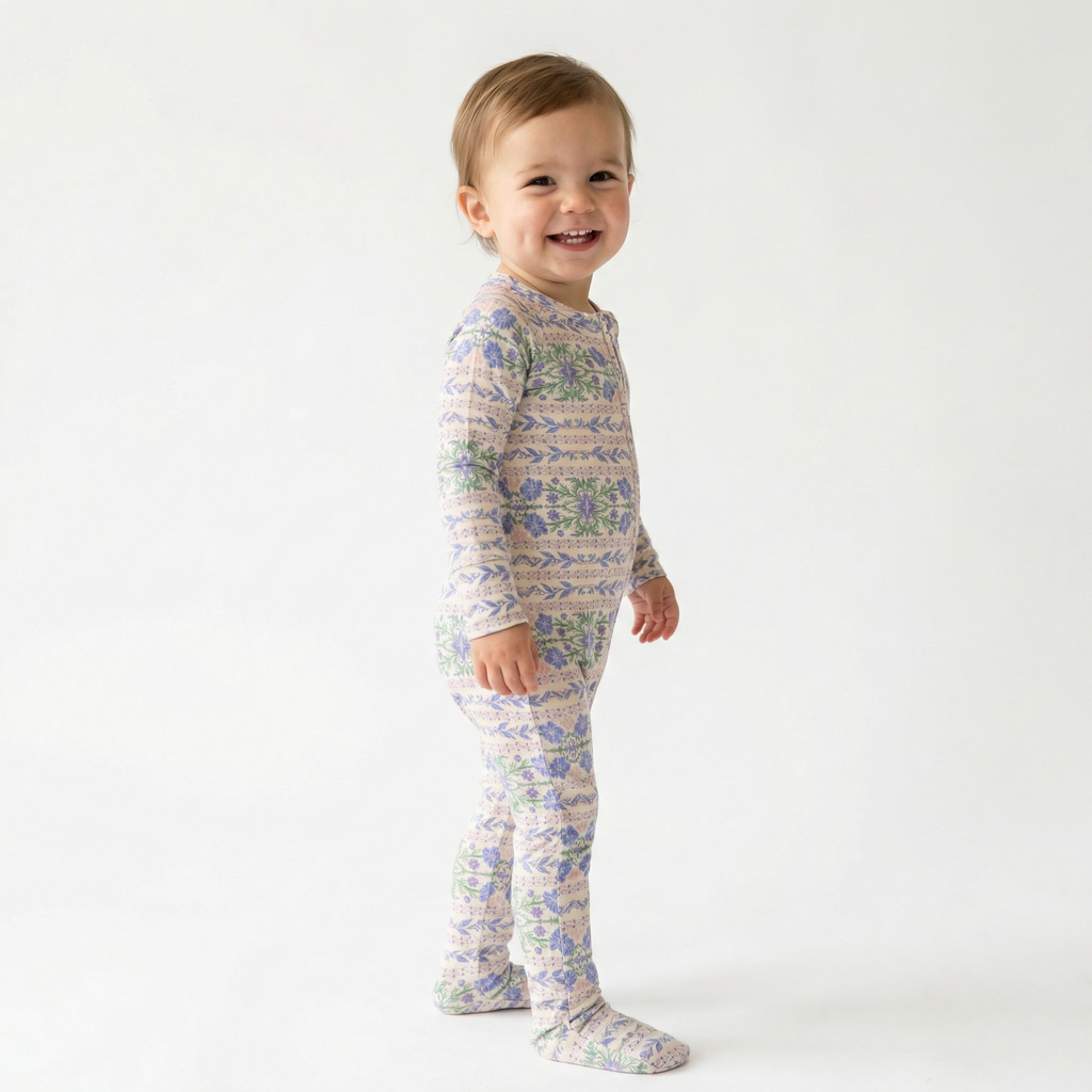 Editor favorite Motette organic bamboo baby sleeper in purple floral designed for everyday comfort