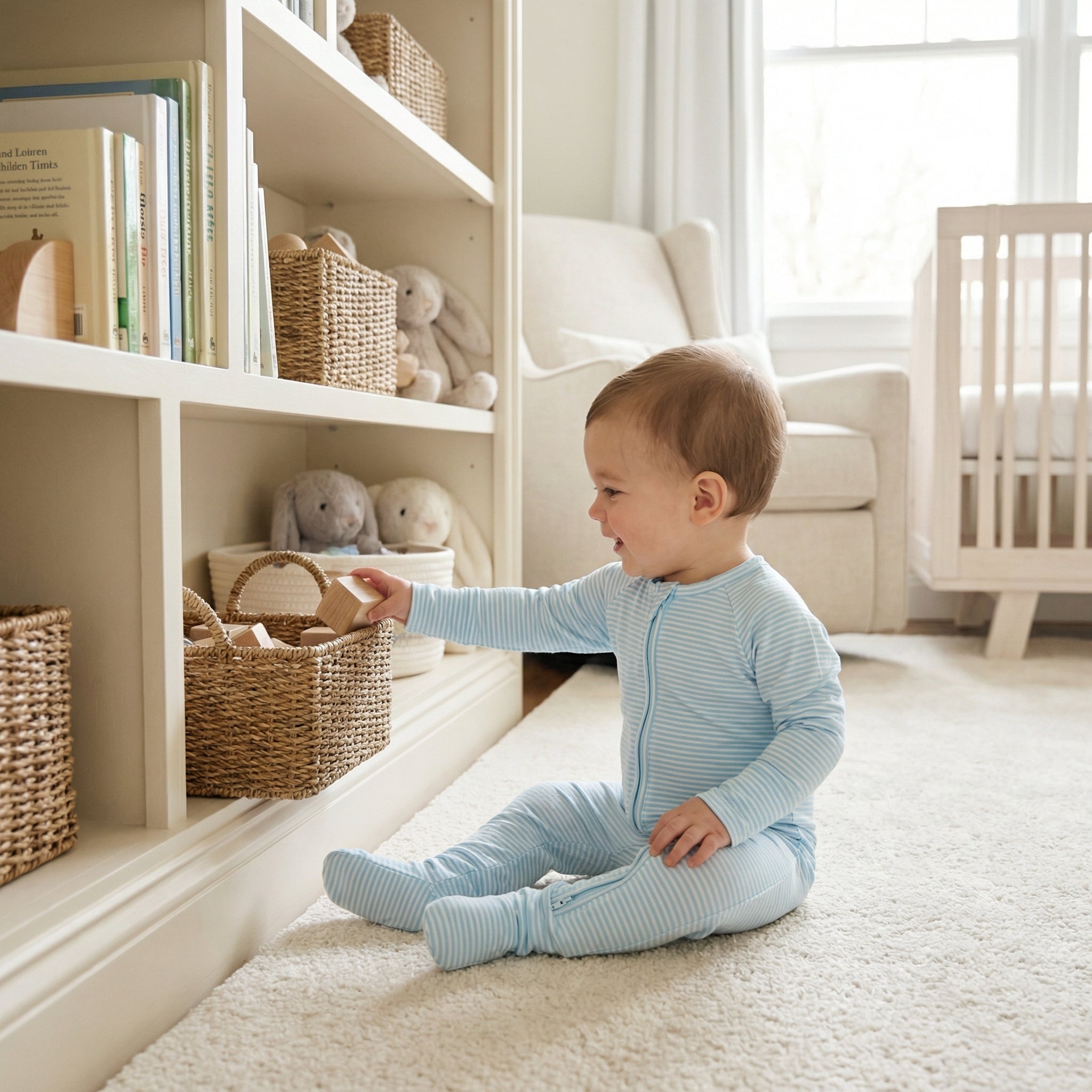 Most loved Motette blue and white stripes zipper baby pajama for newborn bedtime routines