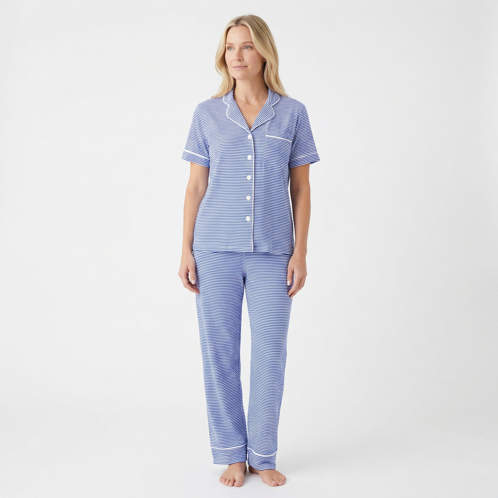 Cobalt Stripe Short Sleeve & Pants Bamboo Women's Pajama Set