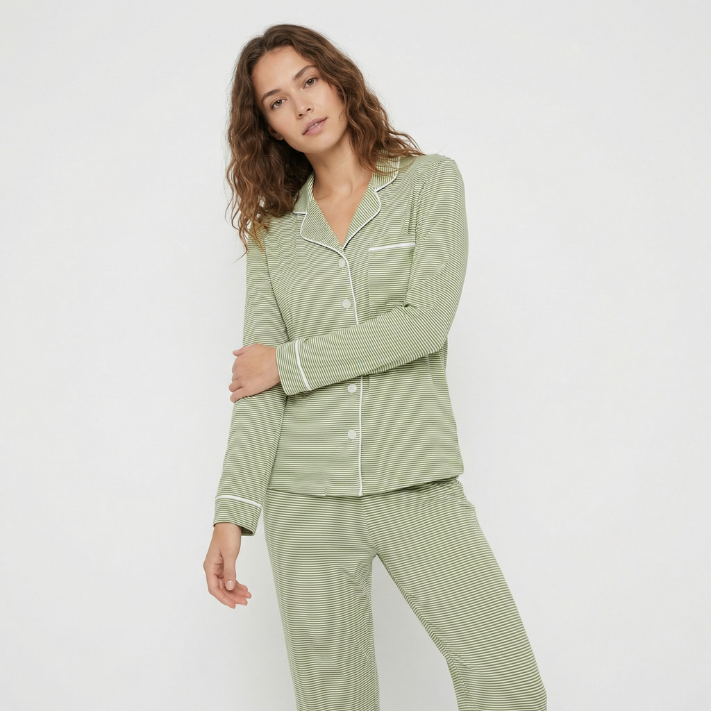 Evergreen Stripe Long Sleeve & Pants Bamboo Women's Pajama Set