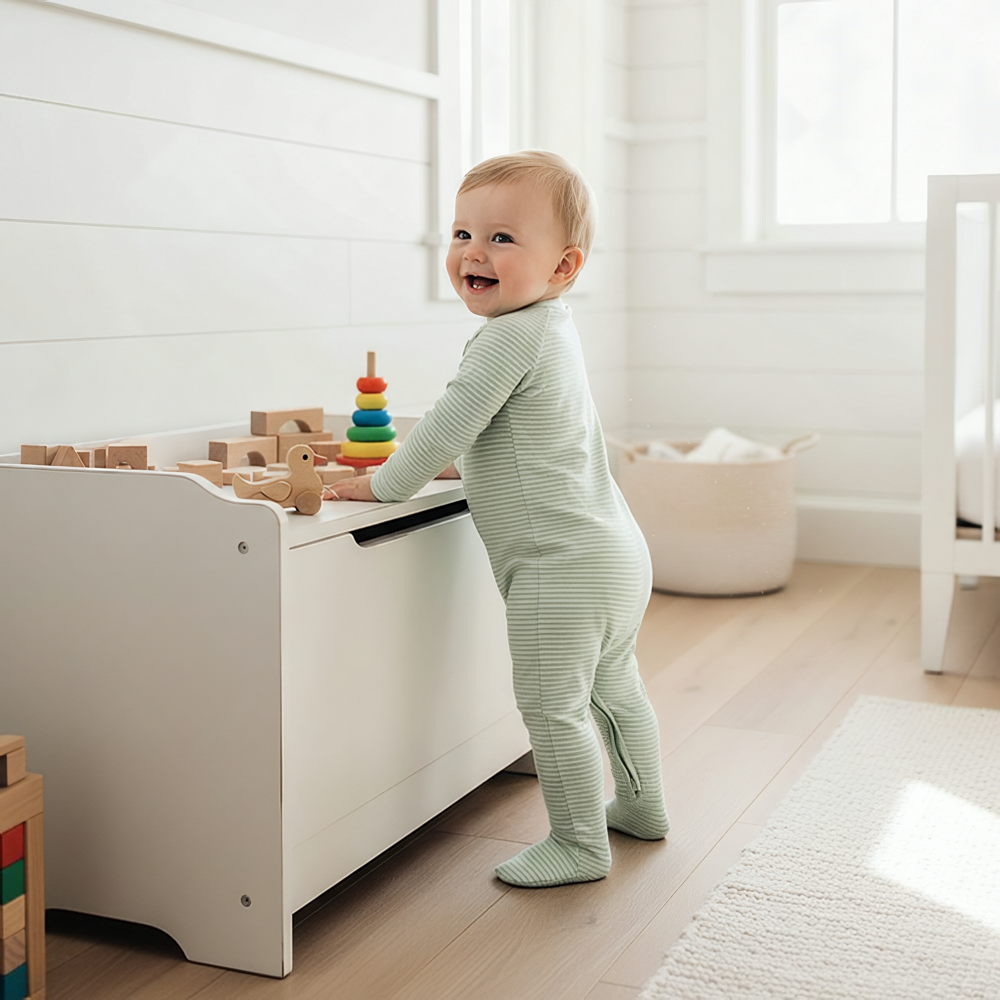 Best all season Motette green and white stripe bamboo baby sleeper for babies with eczema prone skin