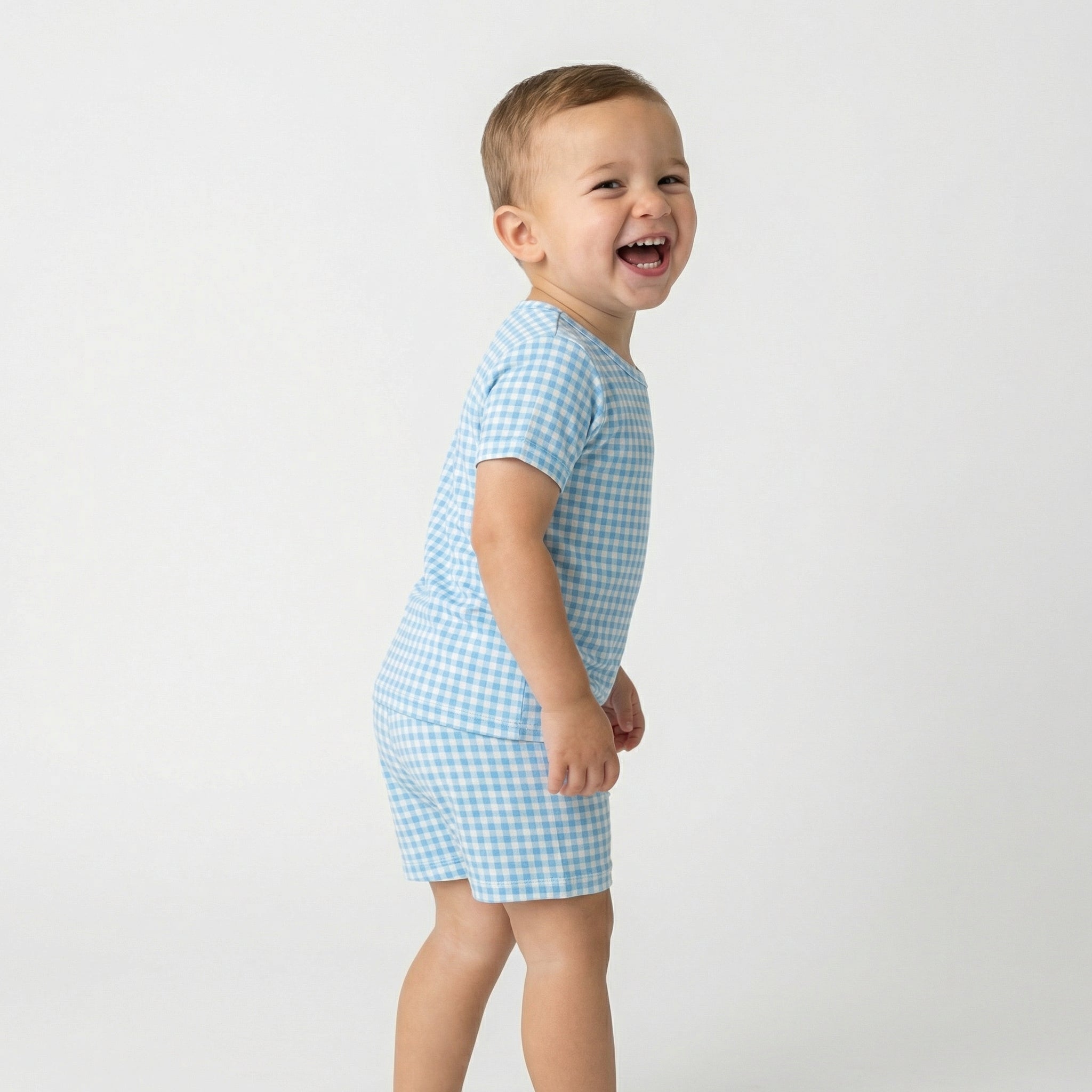Top rated toddler pajama set in blue gingham for sensitive skin and year round comfort