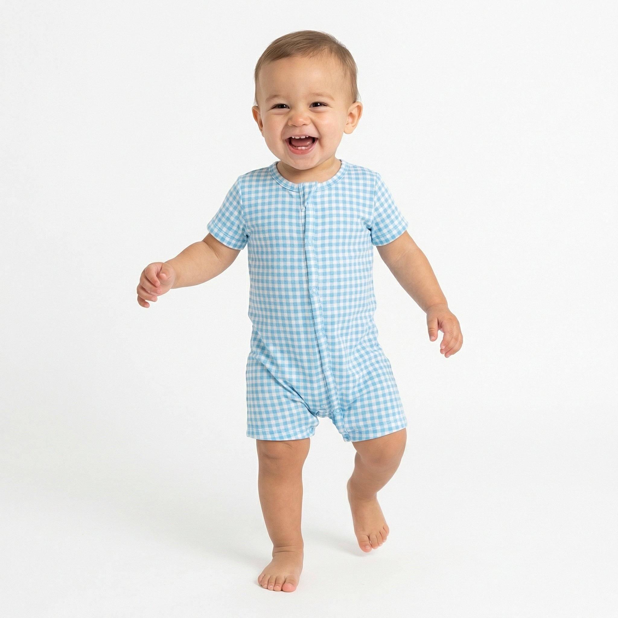 Top ranked breathable bamboo baby sleeper in blue gingham loved by parents of newborns with sensitive skin