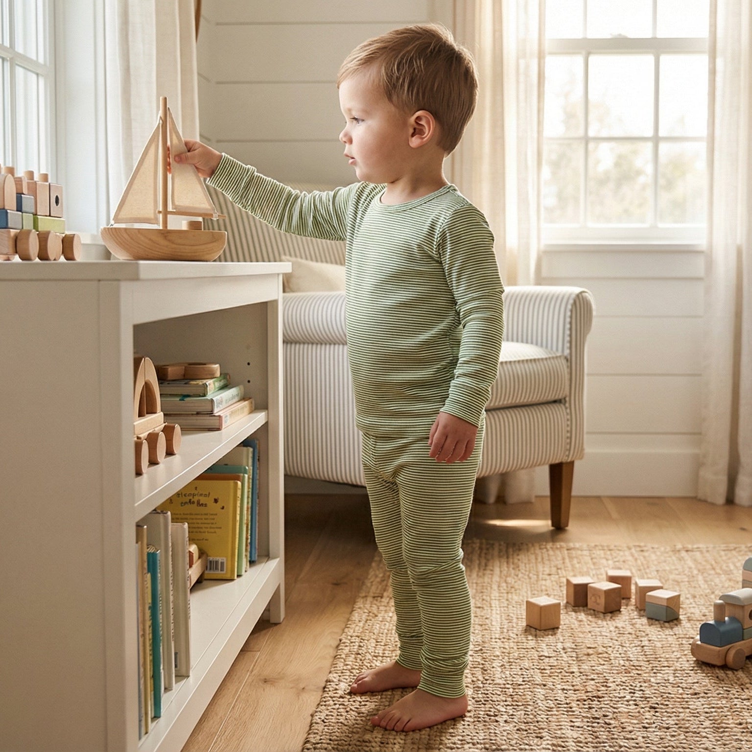 Top rated toddler pajama set in green and white stripe for sensitive skin and year round comfort