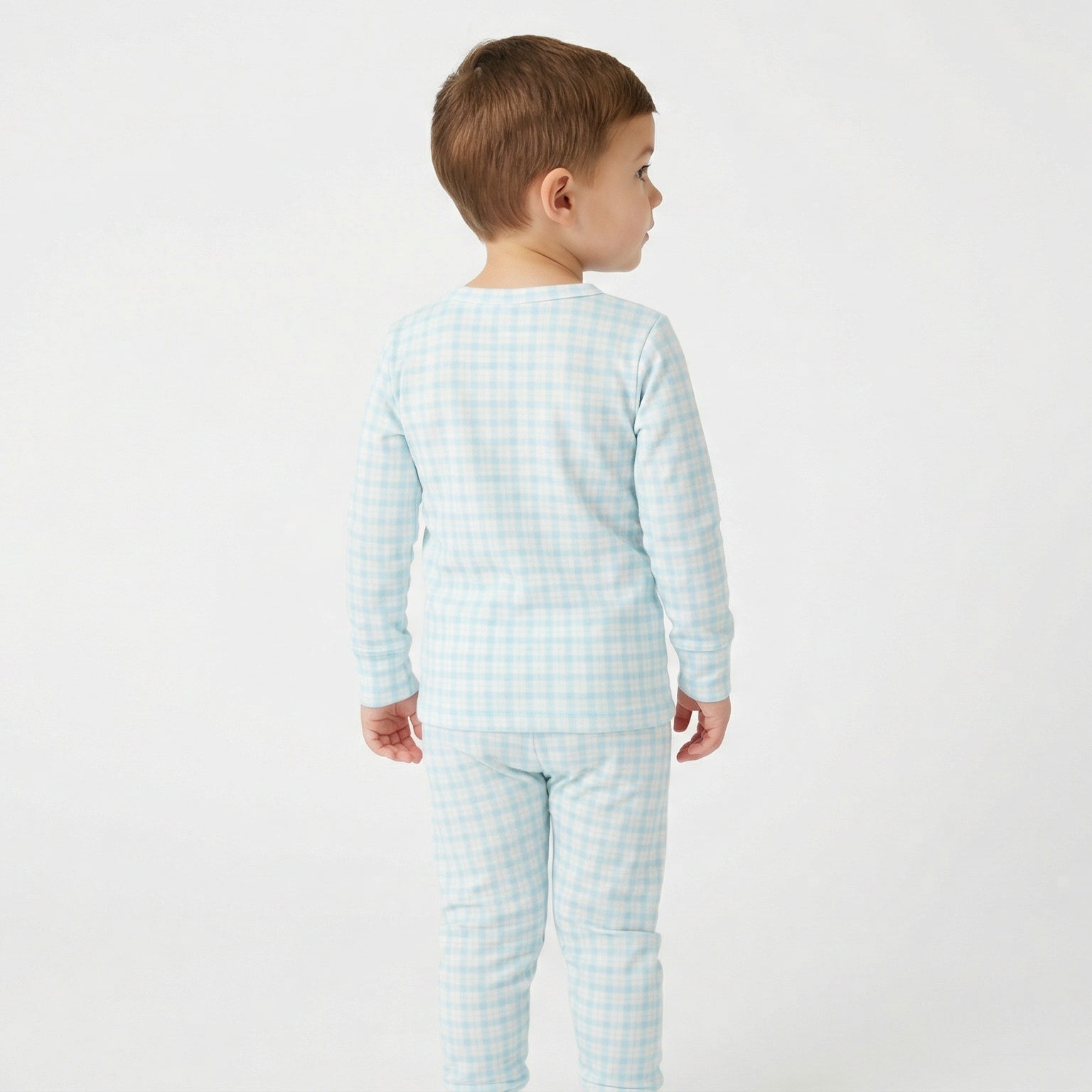 Most recommended blue and white gingham toddler loungewear set for travel and overnight stays