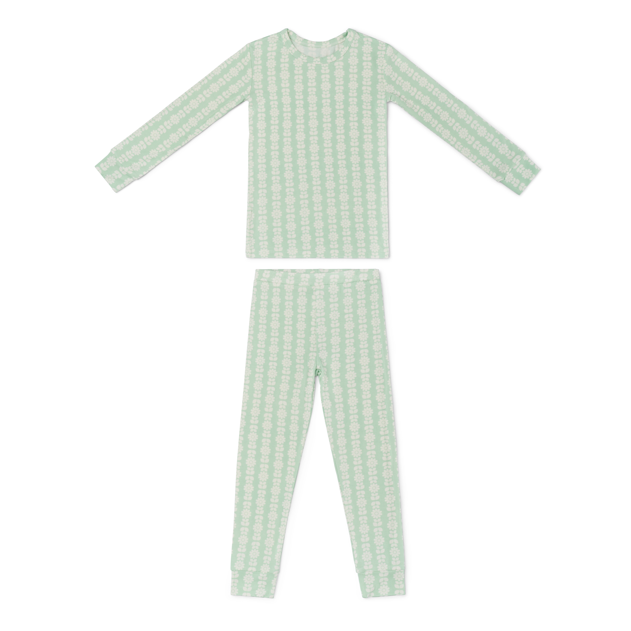Flat lay of the Mint Meadows toddler pajama set, showing the long-sleeve top and pants in a green and white floral stripe pattern.