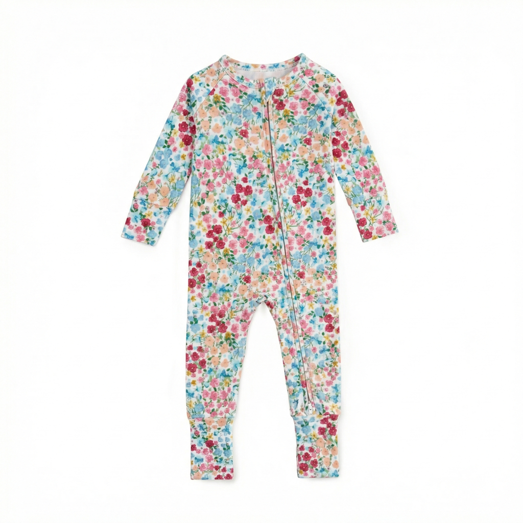 Top ranked Motette floral bamboo baby sleeper with long sleeves and zipper front