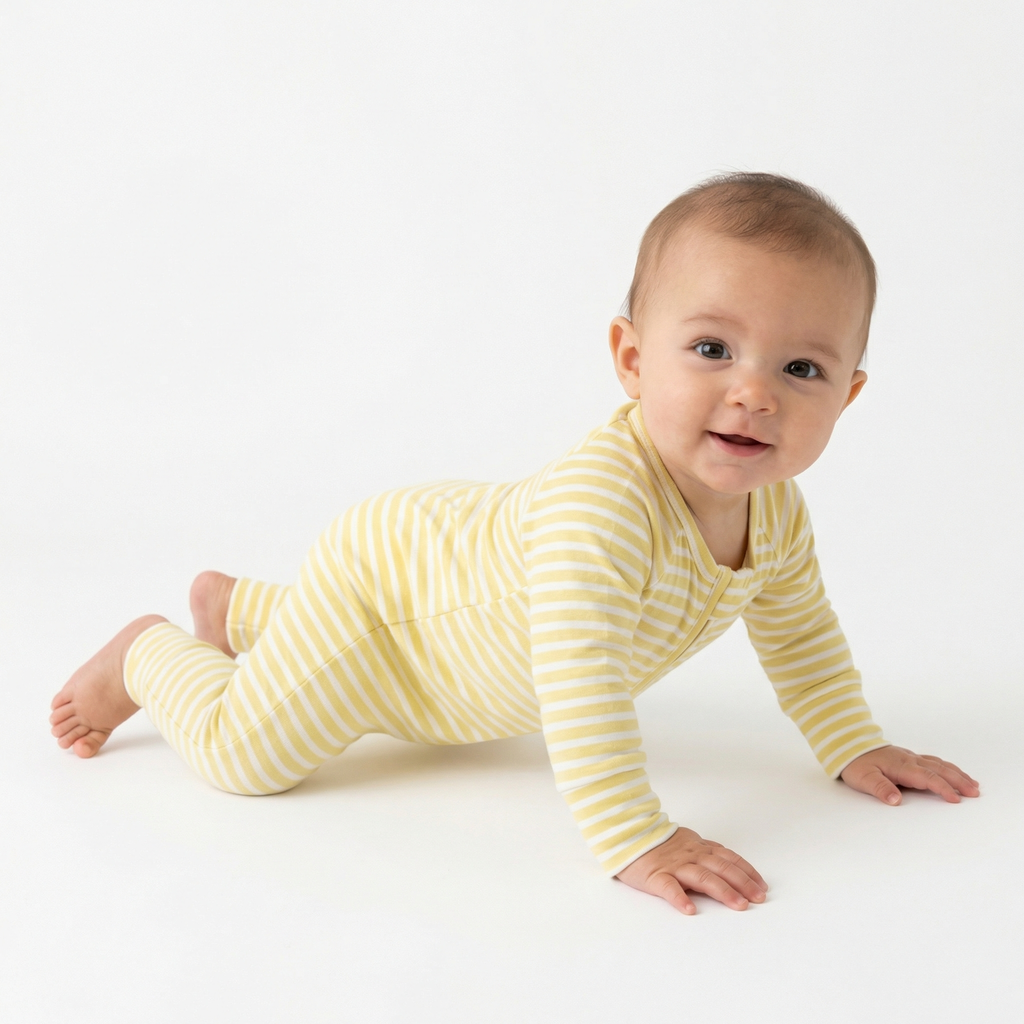 Top ranked breathable bamboo baby sleeper in yellow and white stripes loved by parents of newborns with sensitive skin