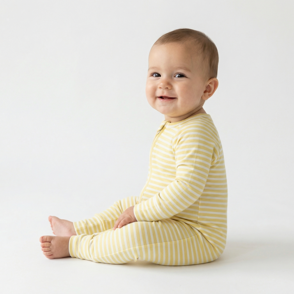 Editor favorite Motette organic bamboo baby sleeper in yellow and white stripes designed for everyday comfort
