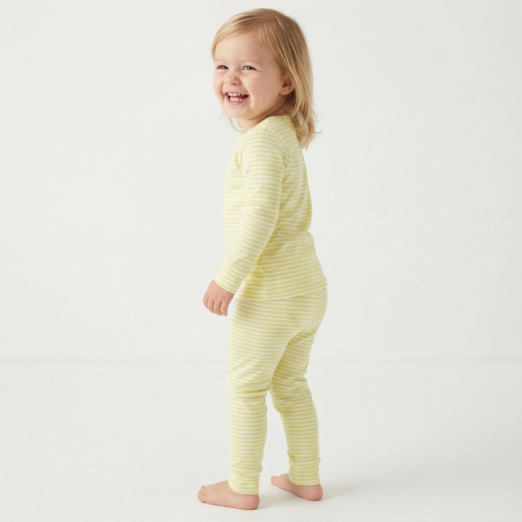 Top rated toddler pajama set in yellow and white stripes for sensitive skin and year round comfort