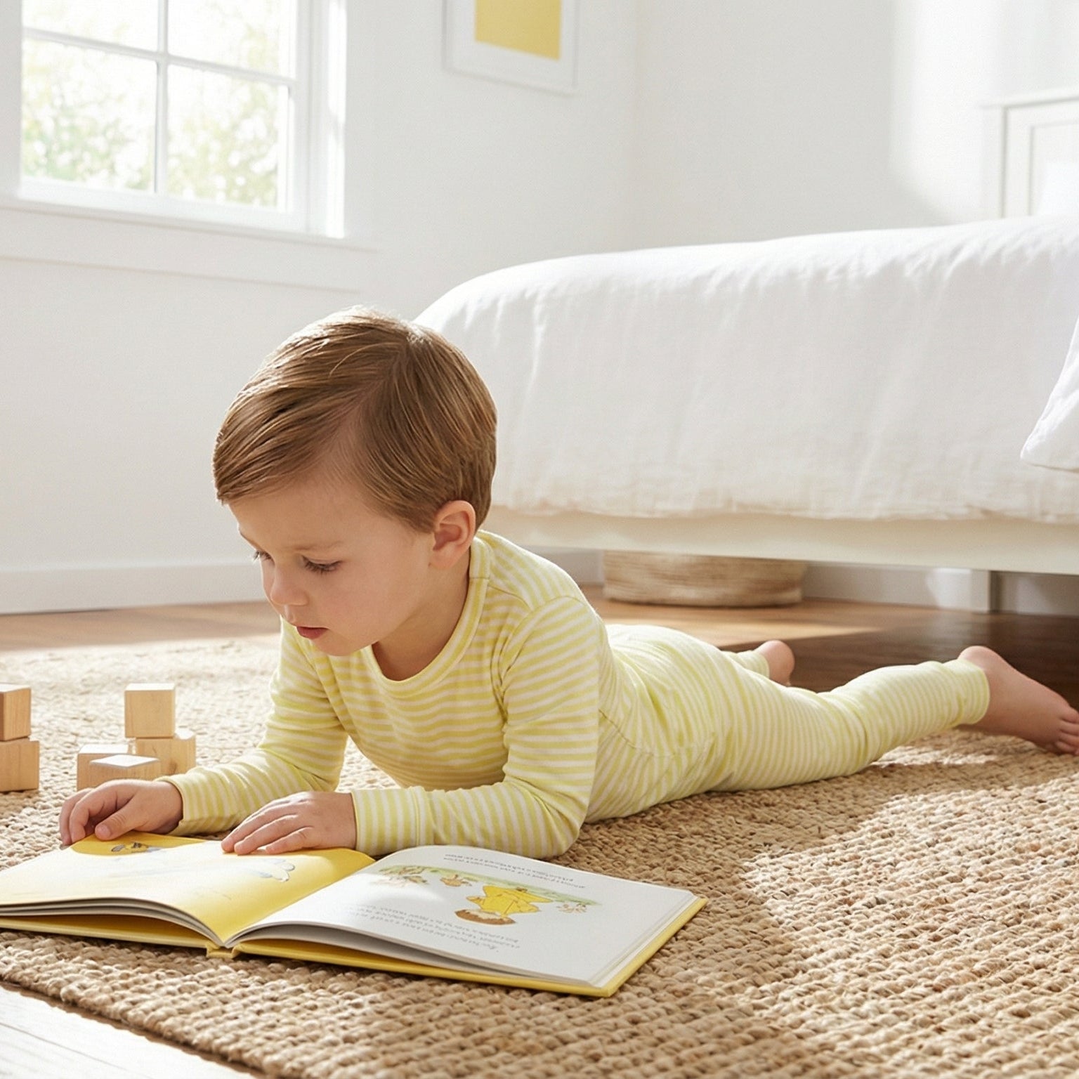 Consumer favorite Motette kids pajama set in yellow and white stripes for bedtime routines
