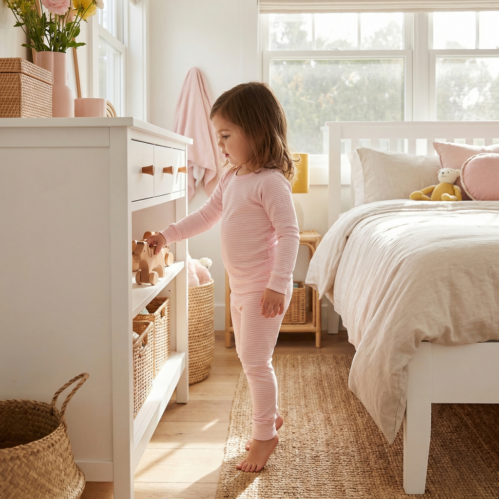 Consumer favorite Motette kids pajama set in pink and white stripe for bedtime routines