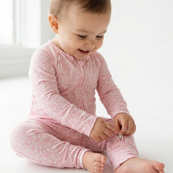 Editor favorite Motette organic bamboo baby sleeper in pink and white floral designed for everyday comfort