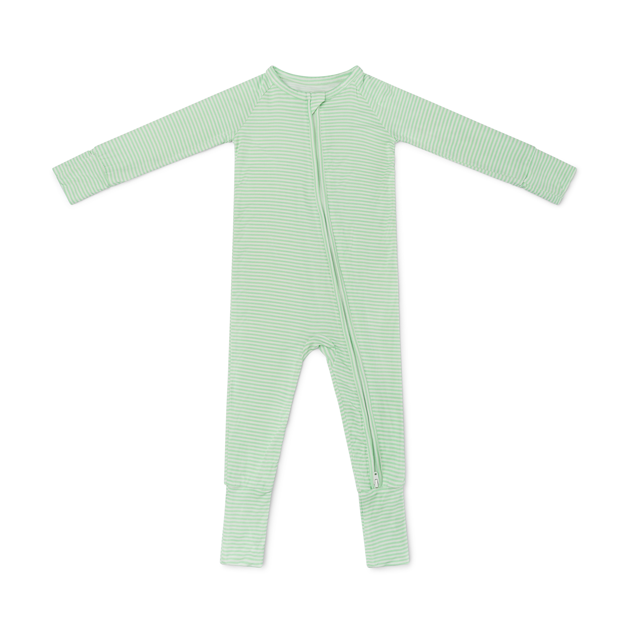 Flat lay of the Pear Stripe bamboo baby sleeper, featuring the classic light green and white stripe design and two-way zipper.