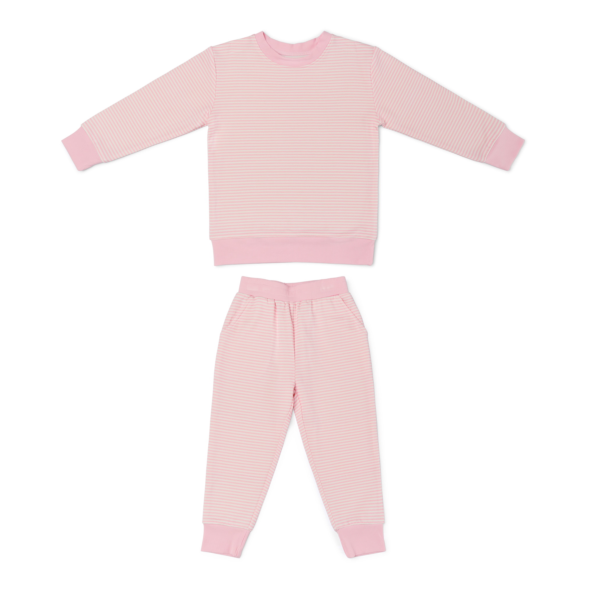 Flat lay of Motette’s pink striped bamboo sweatsuit, showcasing the soft bamboo fabric and relaxed fit