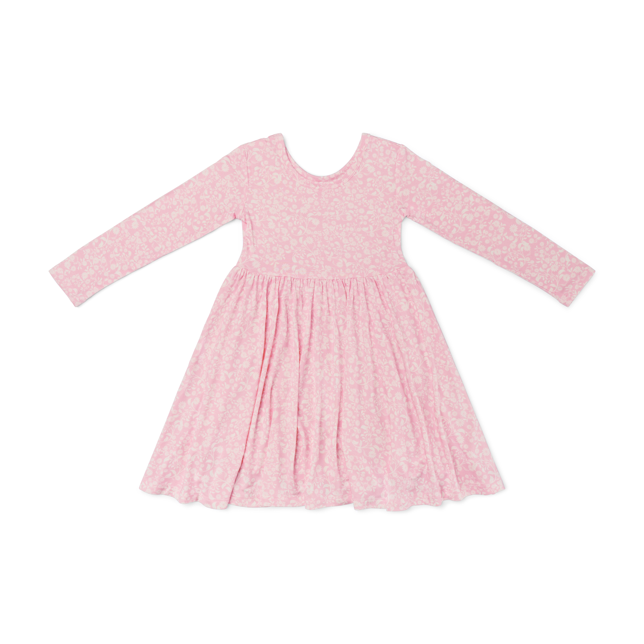 Flat lay of Motette’s long-sleeve pink floral twirl dress, made from ultra-soft bamboo fabric
