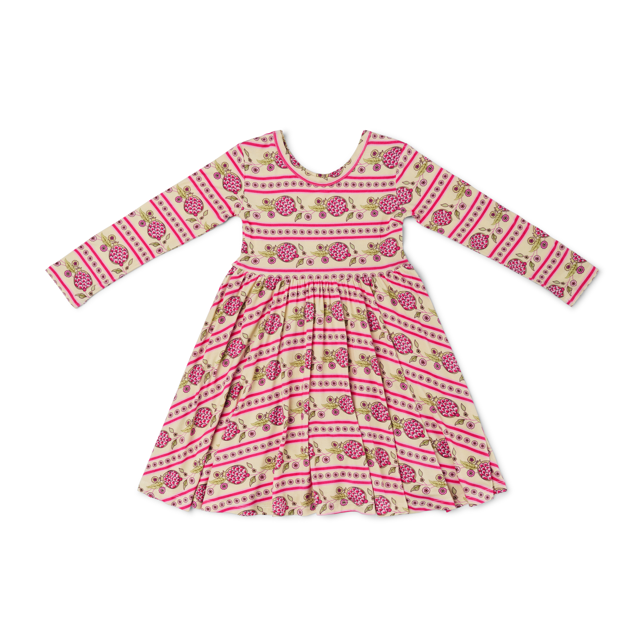 A long-sleeve twirl dress with a floral pattern in pink and green colors 