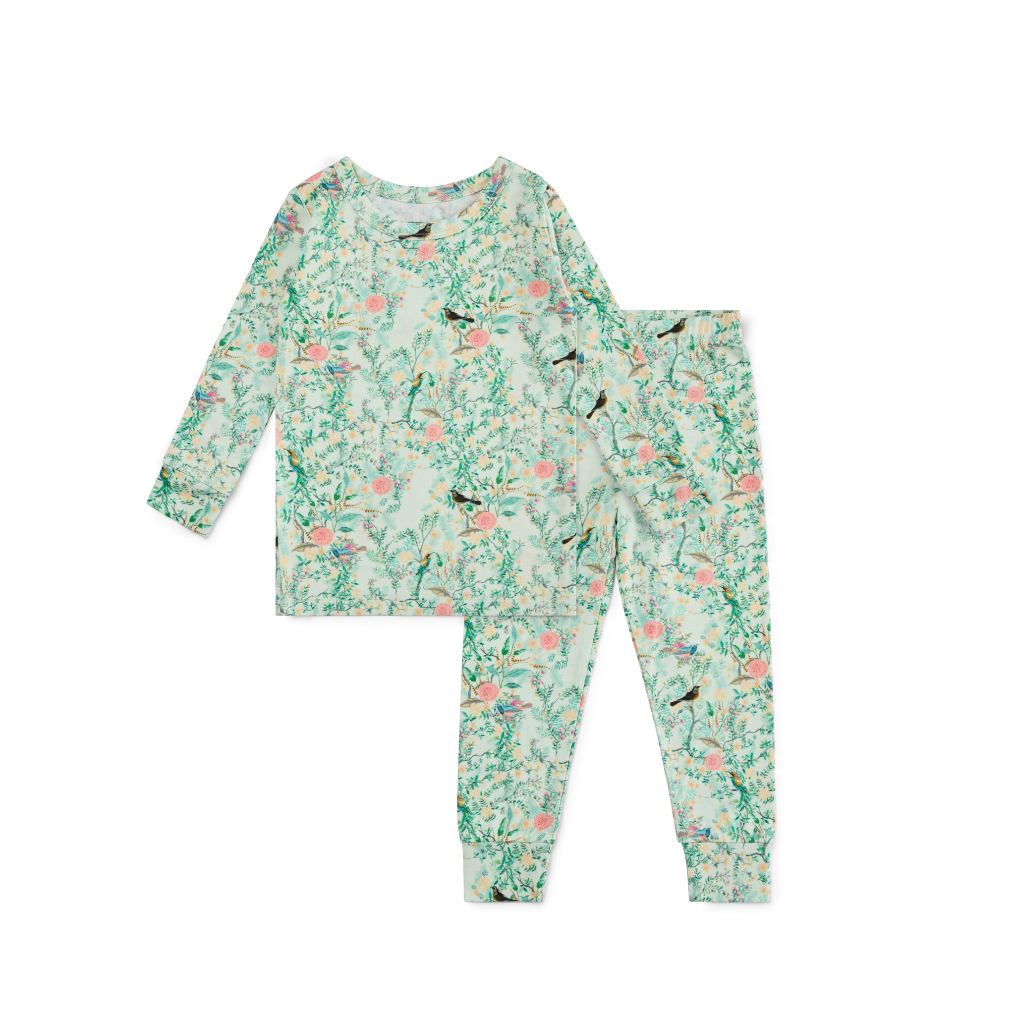Flat lay of green floral bamboo two-piece toddler pajama set, showing top and bottom side by side.
