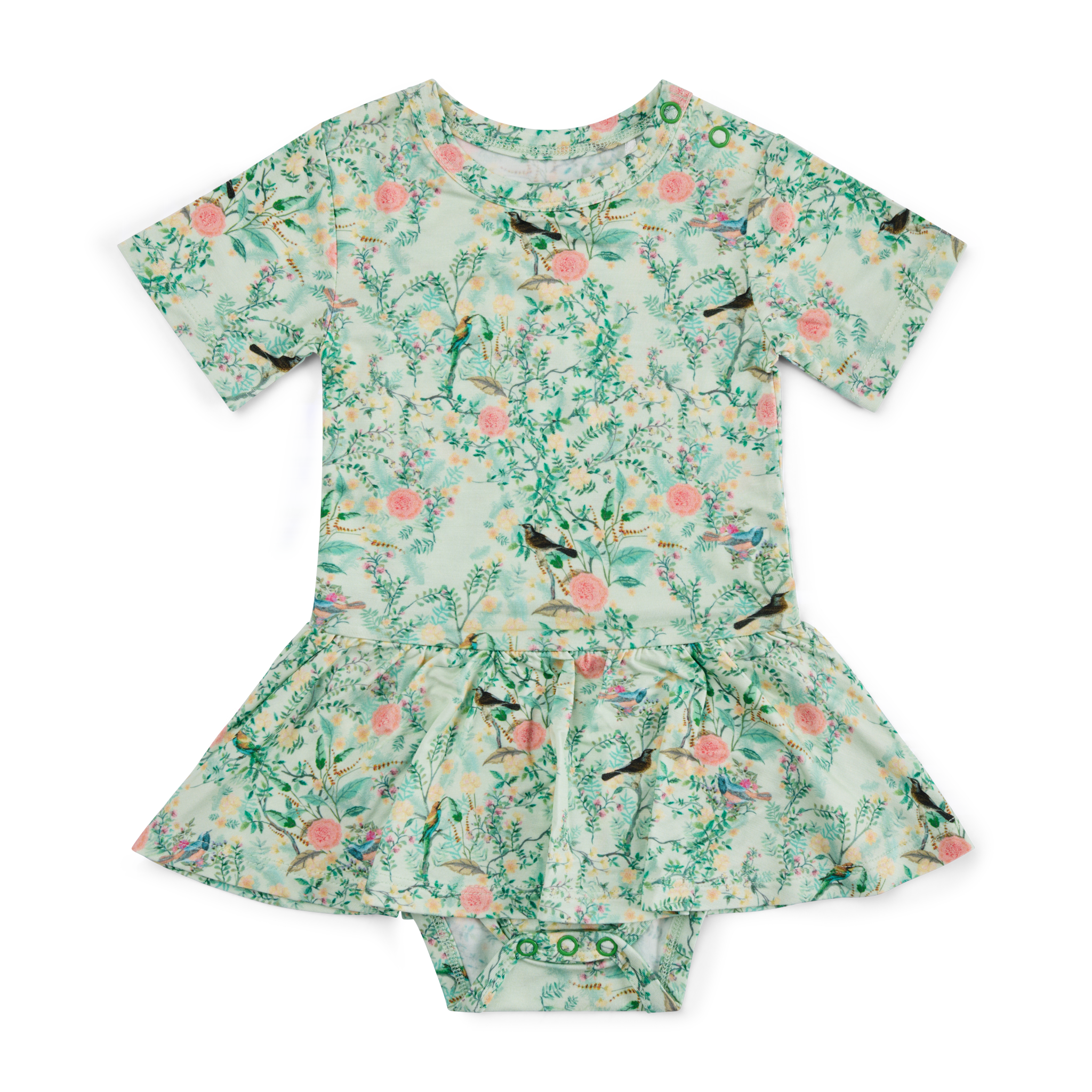 Green floral bamboo baby twirl dress with built-in bodysuit